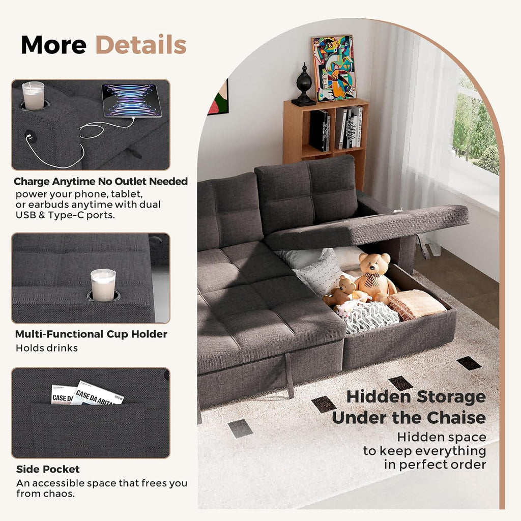 85 inch Sleeper Sofa Couch Bed with Storage Chaise,Pull Out Couch with USB Charging,Side Pockets,Convertible Sectional Sofa for Living Room,Apartment,Small Spaces,Dark Grey