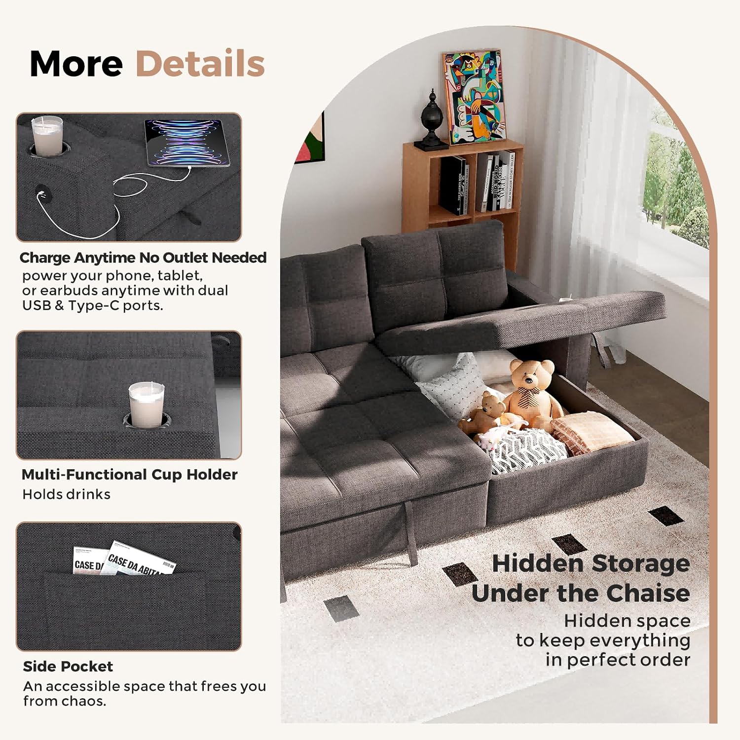 85 inch Sleeper Sofa Couch Bed with Storage Chaise,Pull Out Couch with USB Charging,Side Pockets,Convertible Sectional Sofa for Living Room,Apartment,Small Spaces,Dark Grey