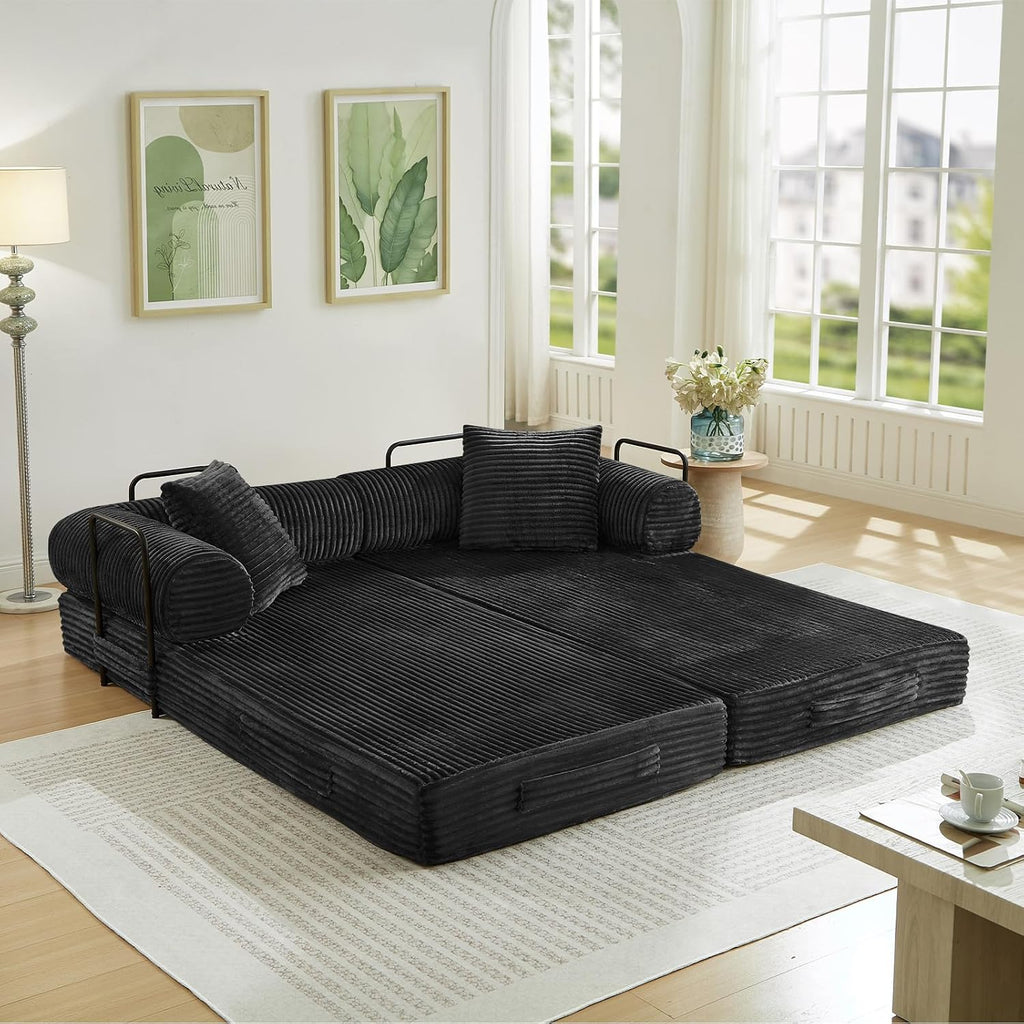 Antetek Modular Couch Bed, Convertible Folding Plush Corduroy Comfy Floor Compression Loveseat Sleeper Sofa Couch, King Size Bed for Guest Room Living Room Bedroom, No Assembly Required, Black