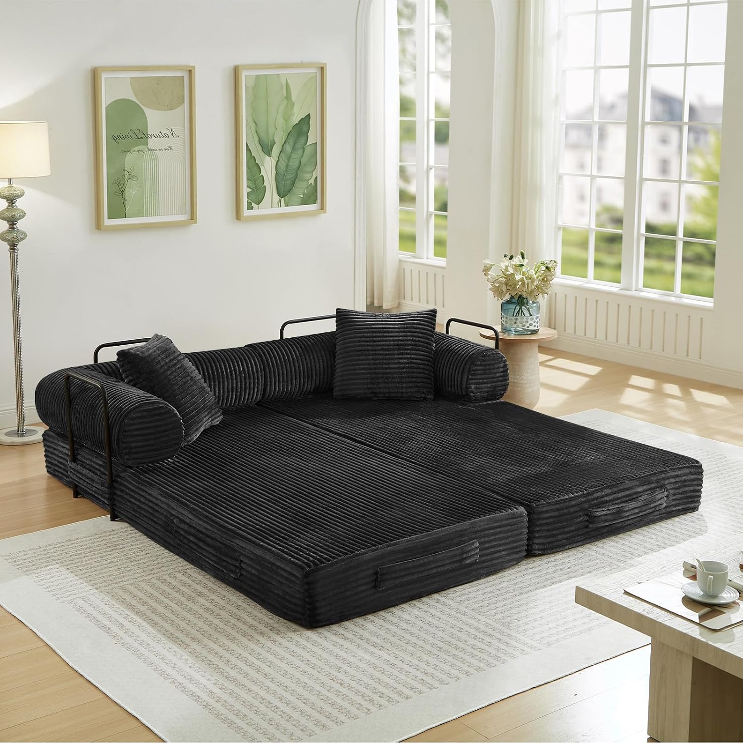 Antetek Modular Couch Bed, Convertible Folding Plush Corduroy Comfy Floor Compression Loveseat Sleeper Sofa Couch, King Size Bed for Guest Room Living Room Bedroom, No Assembly Required, Black