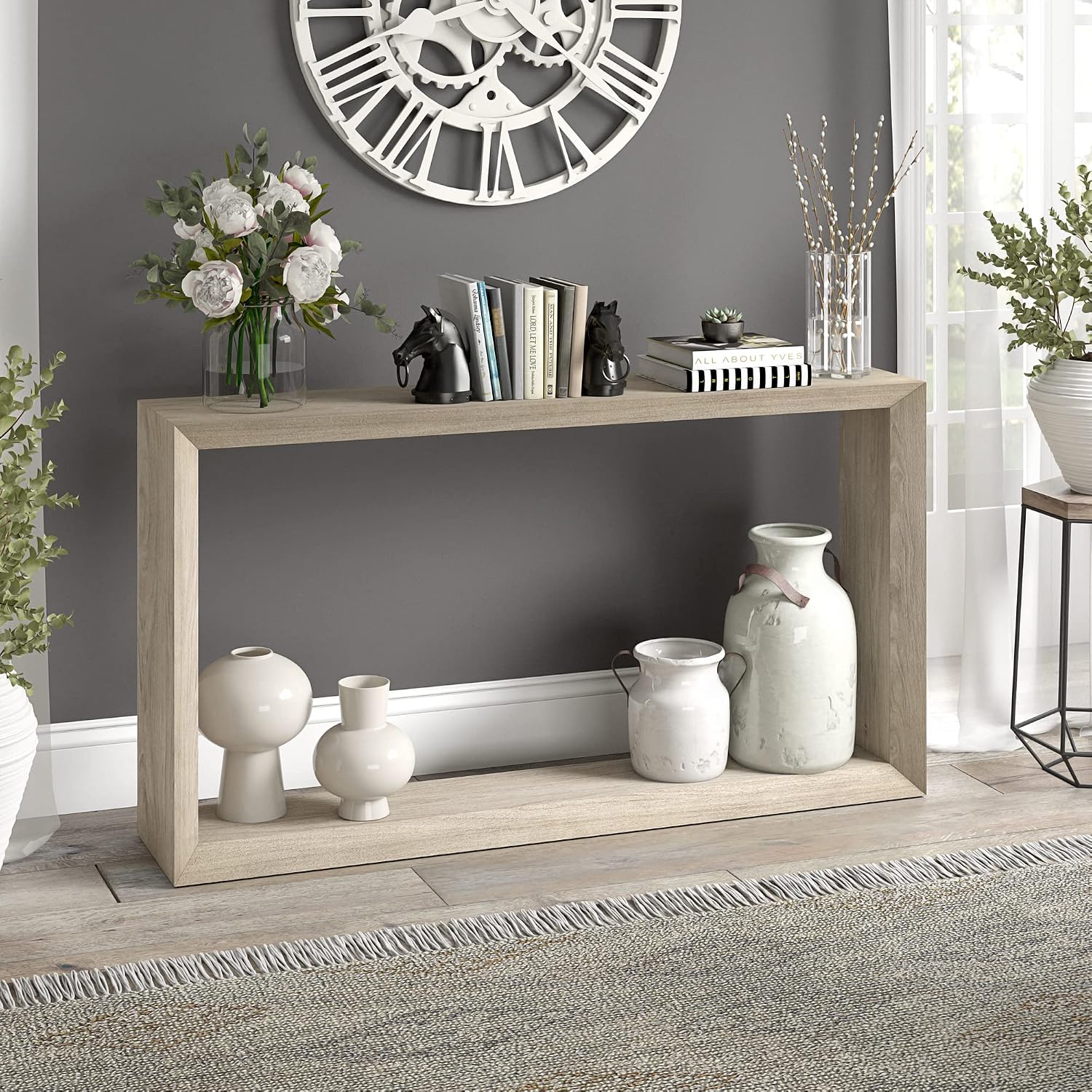 Henn&Hart 55' Wooden Rectangular Console Table Entryway Table, Sofa Table with Wooden Shelf for Entryway, Living Room, Couch, Hallway, or Office, Weathered Gray