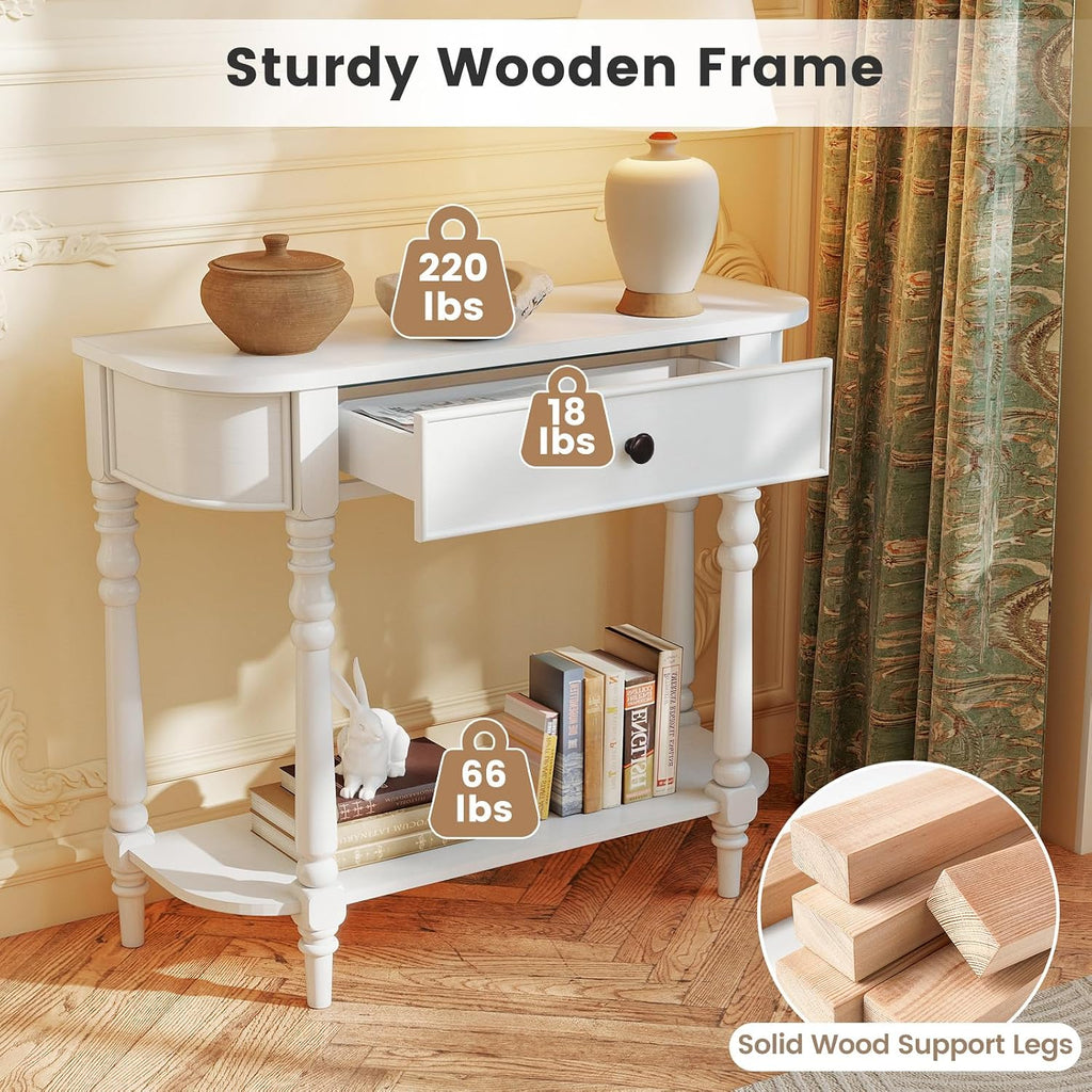Giantex 2-Tier Narrow Console Table, 36' White Entryway Table with Storage Drawer & Elegant Legs, Wooden Sofa Table with Open Shelf for Living Room, Foyer, Hallway, Bedroom, Entrance