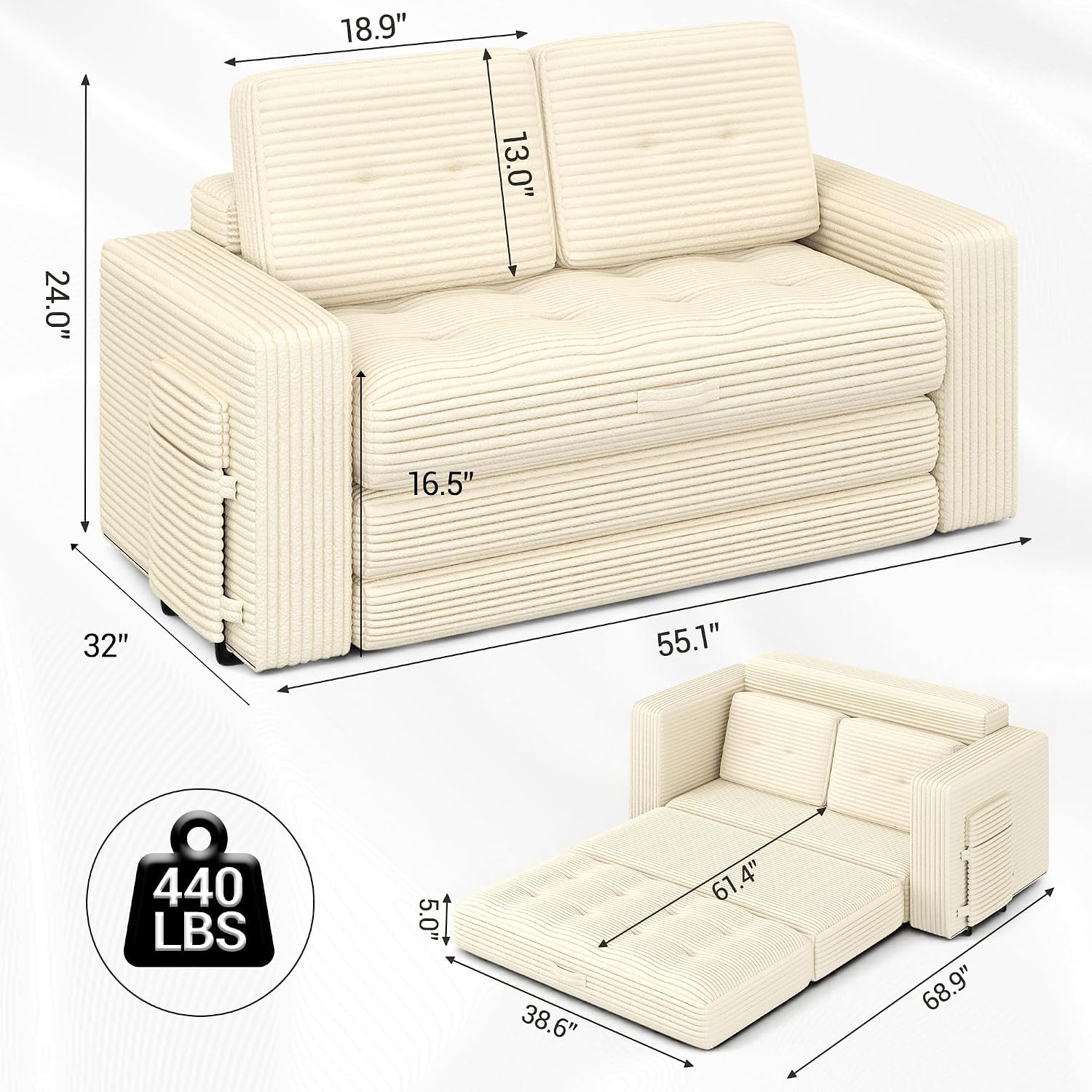 2 in 1 Convertible Sofa Bed, Pull Out Loveseat Boneless Couch, Sleeper Sofabed, Folding Couch Bed with Pillow for Living Room Bedroom, Beige (Slightly Yellow)