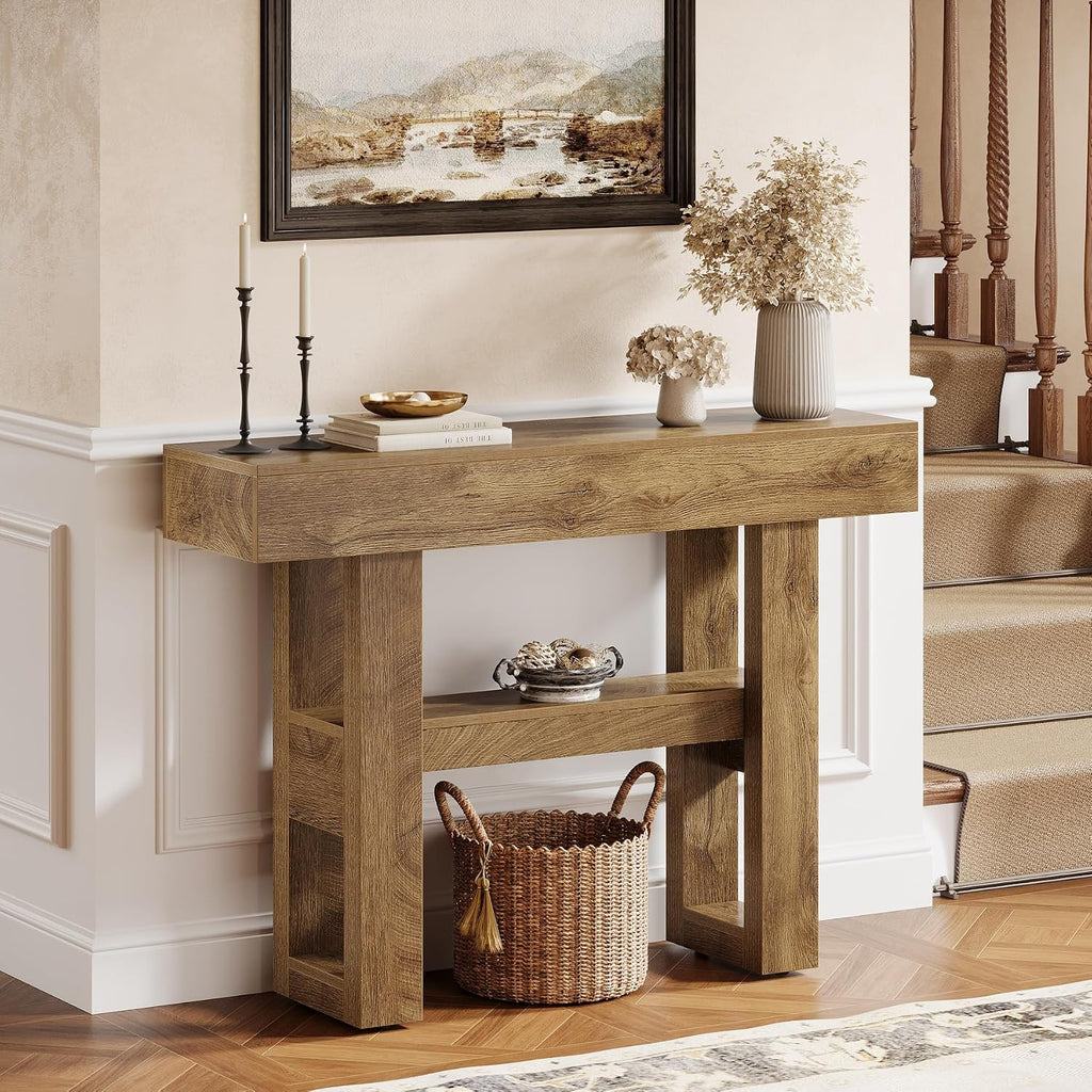 Tribesigns 41.34-Inch Farmhouse Console Table, 2-Tier Narrow Sofa Table Behind The Couch, Entryway Furniture with Storage Shelves for Hallway Foyer Living Room, Light Brown