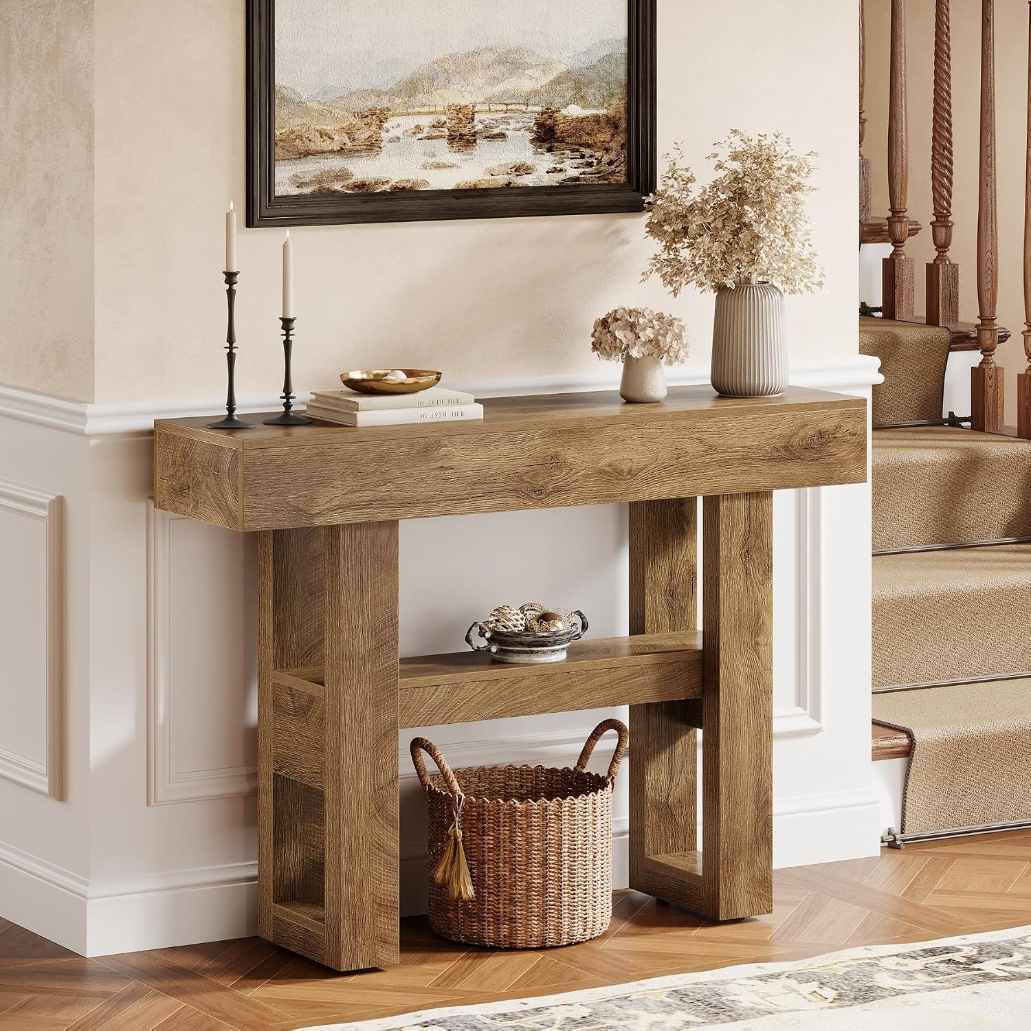 Tribesigns 41.34-Inch Farmhouse Console Table, 2-Tier Narrow Sofa Table Behind The Couch, Entryway Furniture with Storage Shelves for Hallway Foyer Living Room, Light Brown