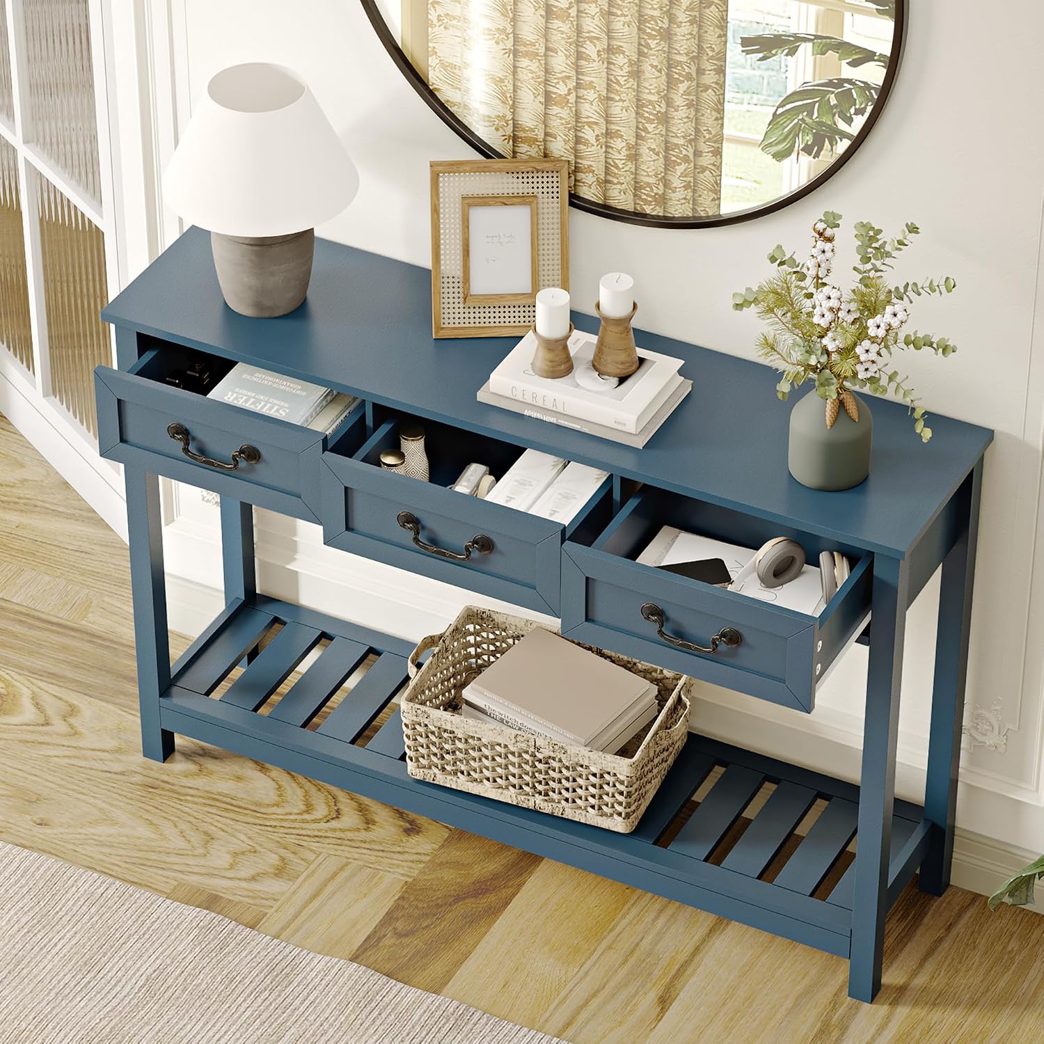 ChooChoo Console Table with 3 Drawers, Rustic Entryway Table, Narrow Long Sofa Table for Living Room, Hallway, Behind Couch, Blue