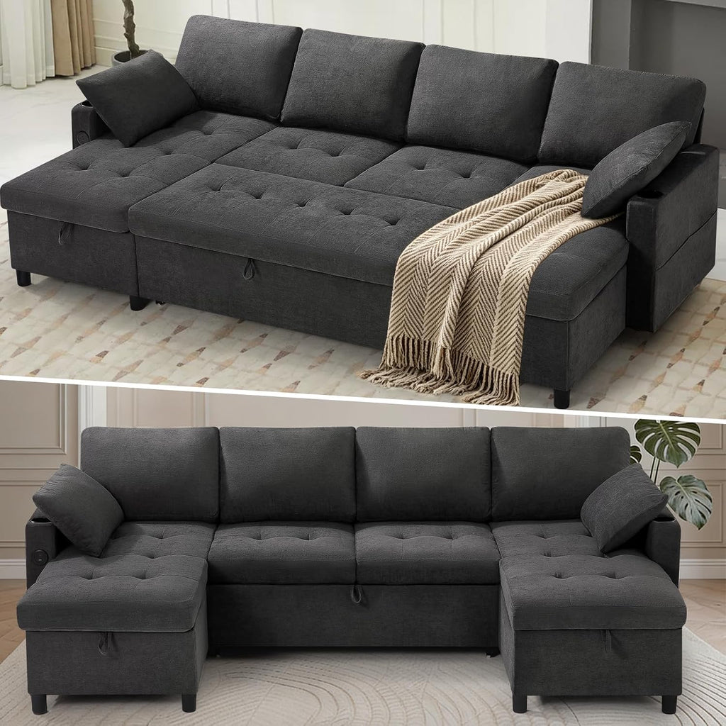 110' Fabric Pull-Out Couch Bed w/Adjustable Backrests, Sectional Sleeper Sofa w/USB Ports & 2 Cup Holders, Upholstered U-Shaped Couch w/Storage Chaise for Living Room, House, Grey