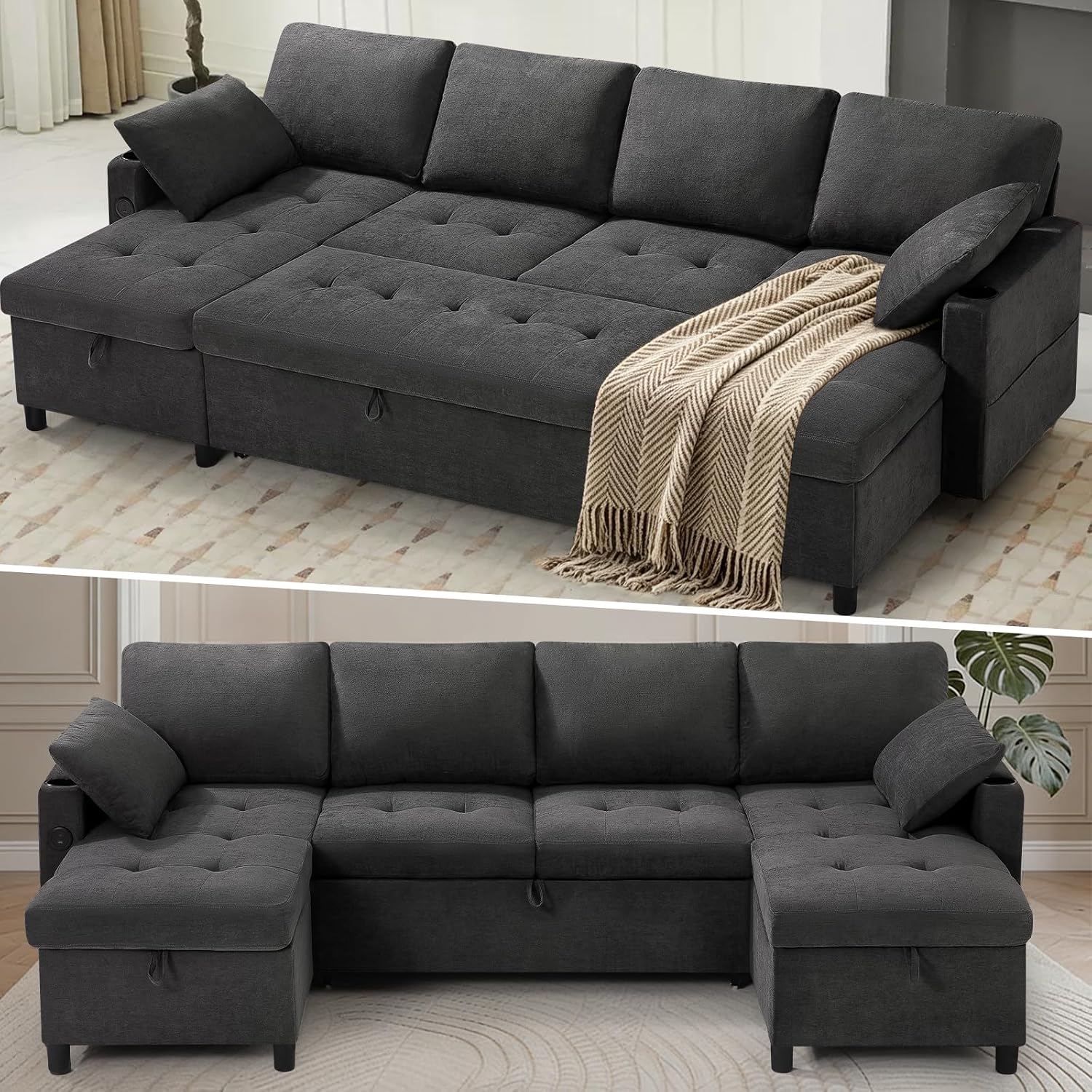 110' Fabric Pull-Out Couch Bed w/Adjustable Backrests, Sectional Sleeper Sofa w/USB Ports & 2 Cup Holders, Upholstered U-Shaped Couch w/Storage Chaise for Living Room, House, Grey