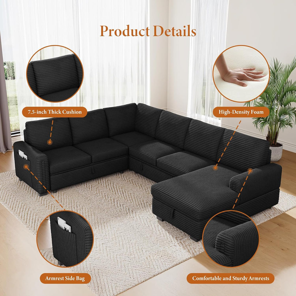 Vesgantti 113.6' Modular Sectional Sofa with Pull Out Couch Bed, 7 Seater U Shaped Sleeper Sofa with Storage Chaise, Corduroy Sectional Couch for Living Room, Bedroom, Apartment, Black