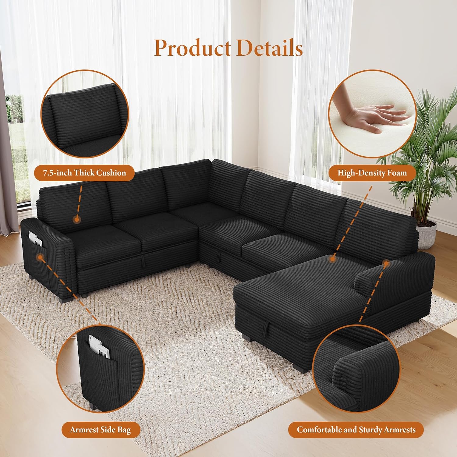 Vesgantti 113.6' Modular Sectional Sofa with Pull Out Couch Bed, 7 Seater U Shaped Sleeper Sofa with Storage Chaise, Corduroy Sectional Couch for Living Room, Bedroom, Apartment, Black