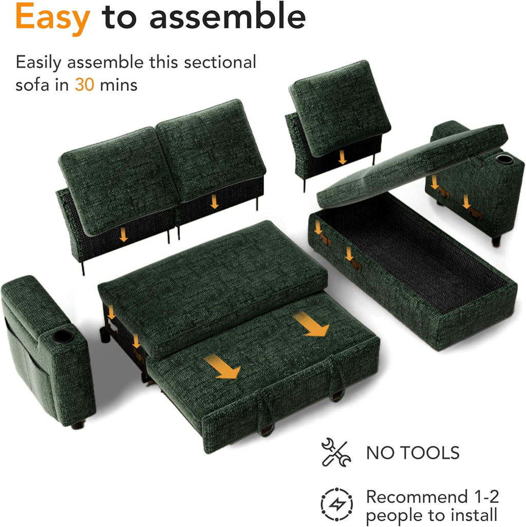 Sunny Heart L-Shaped Sleeper Sofa with Pull Out Bed, 82' Sectional Couch with Reclining Backrest, Reversible Storage Chaise, Armrest Storage, Cup Holders, and Side Pockets, Tool-Free Assembly, Green