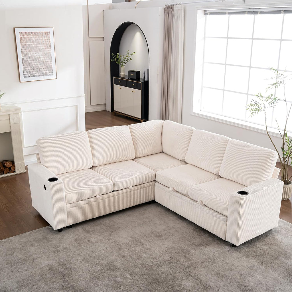 Modular Sectional Sleeper Sofa with Pull Out Bed, L Shaped Couch with Storage Chaise, USB Ports and Cup Holders, Comfy Corduroy Sectional Couches for Living Room, Bedroom and Apartment