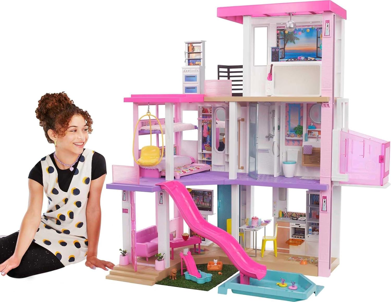 Barbie Dreamhouse (3.75-ft) 3-Story Dollhouse Playset with Pool & Slide, Party Room, Elevator, Puppy Play Area, Customizable Lights & Sounds, 75+ Pieces, Gift for 3 to 7 Year Olds (Amazon Exclusive)
