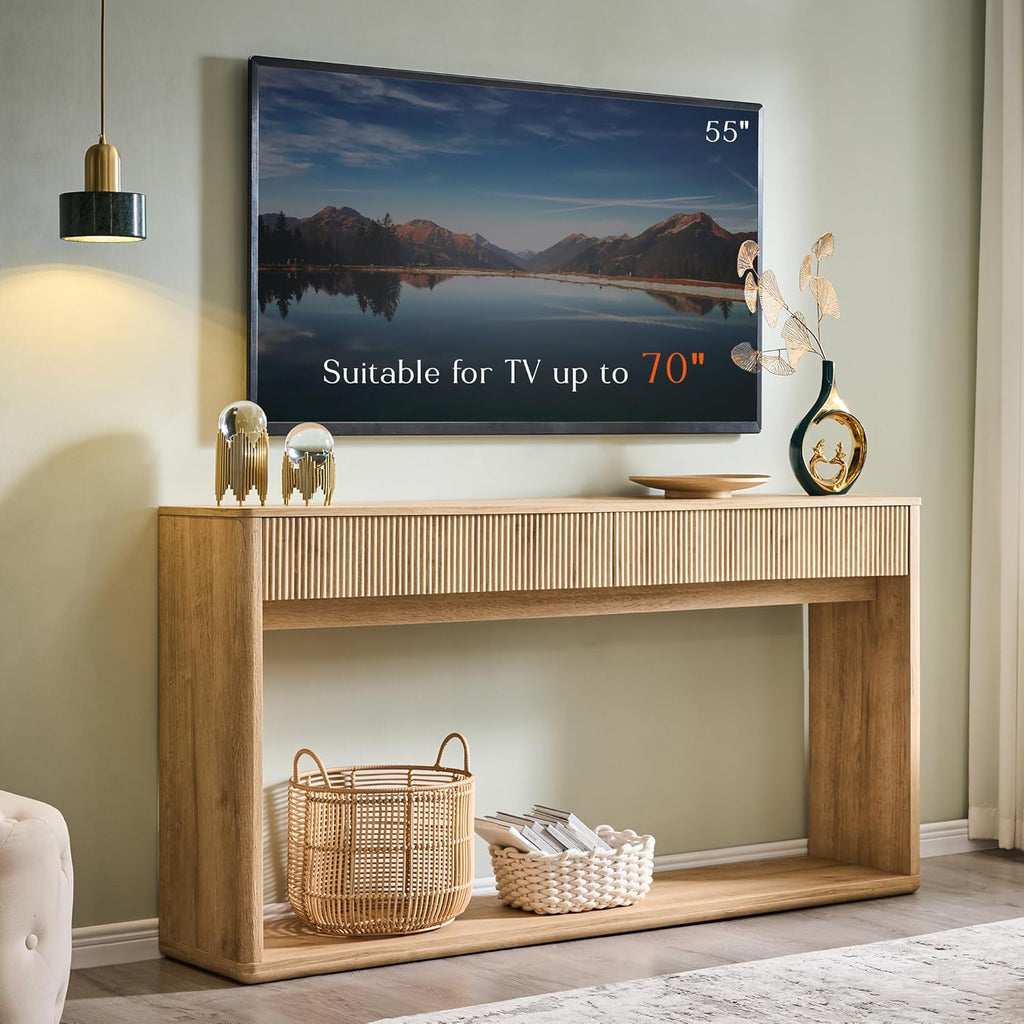 OKD 63' Fluted Console Table for Entryway, Modern Entryway Table with 2 Large Drawers, Long Sofa Table Behind Couch for Living Room, Hallway, Couch, Foyer，Natural Oak