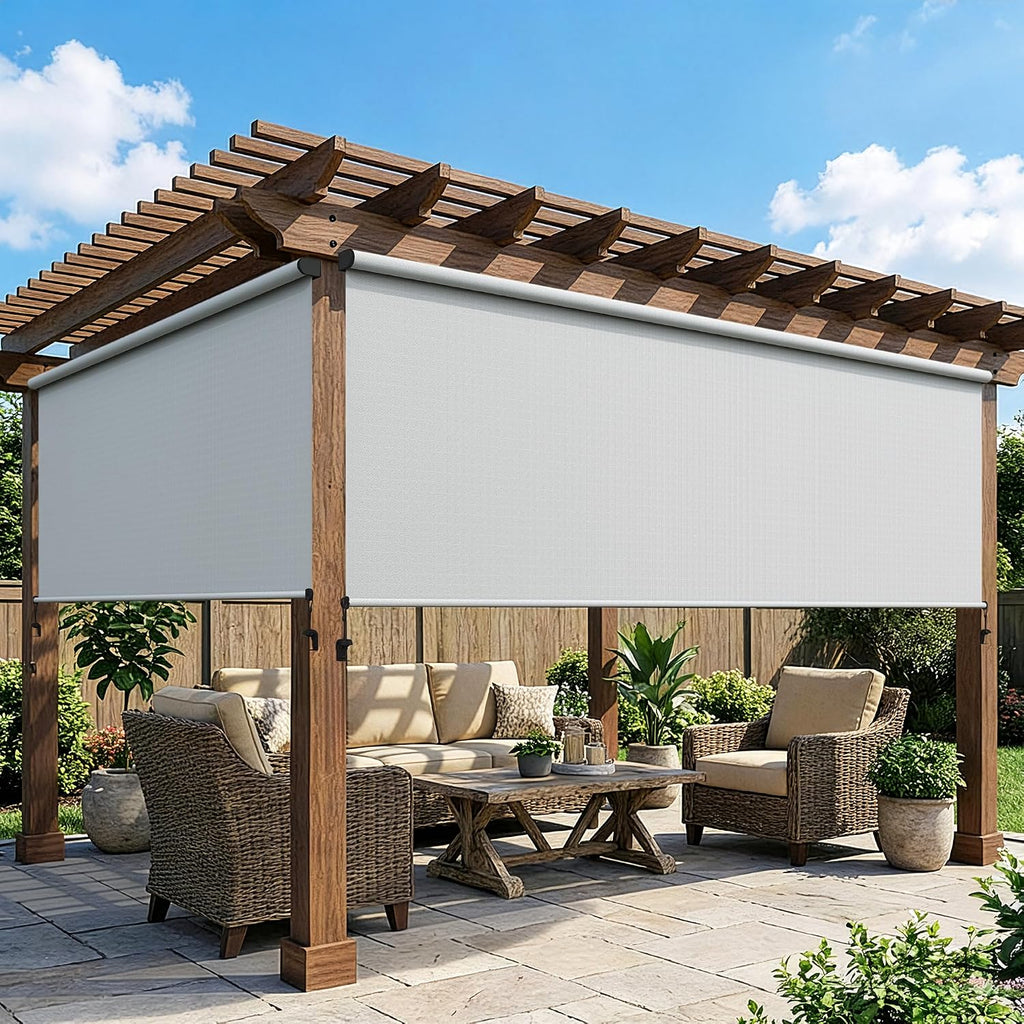 Outdoor Roller Shades for Patio with New Operation Mode (with Pull Rod-No Need Crank), Upgraded Materials Outdoor Shade Roller Up with 95% UV Protection, Outdoor Blinds for Patio Proch