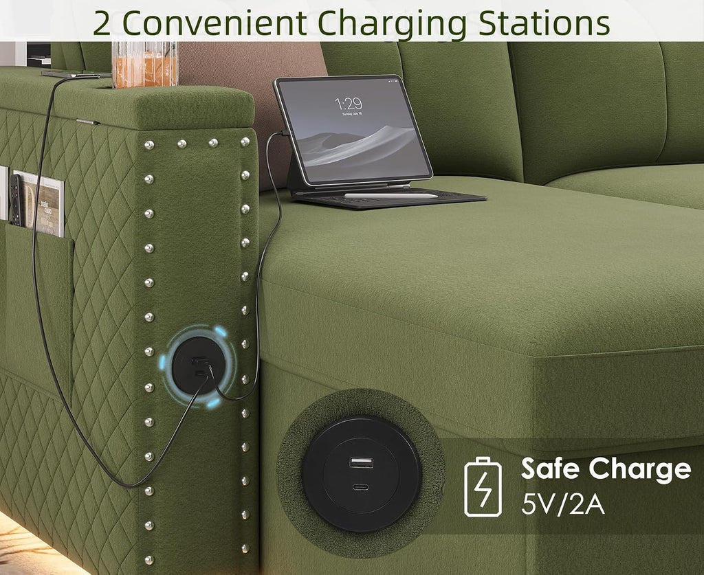 HIFIT Sleeper Sofa Bed- 81' L Shaped Pull Out Couches for Living Room with Storage Chaise, Storage Armrest, LED Light&USB Port&Cupholder, Modern Velvet Sectional Home Sofa Living Room Furniture, Green