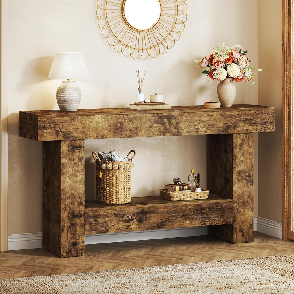 HUAHUU 63 Inches Long Console Table, Sofa Table with Storage Behind Couch, Entryway Table with Open Storage, Farmhouse Console Tables for Entryway, Living Room, Hallway, Oak Color