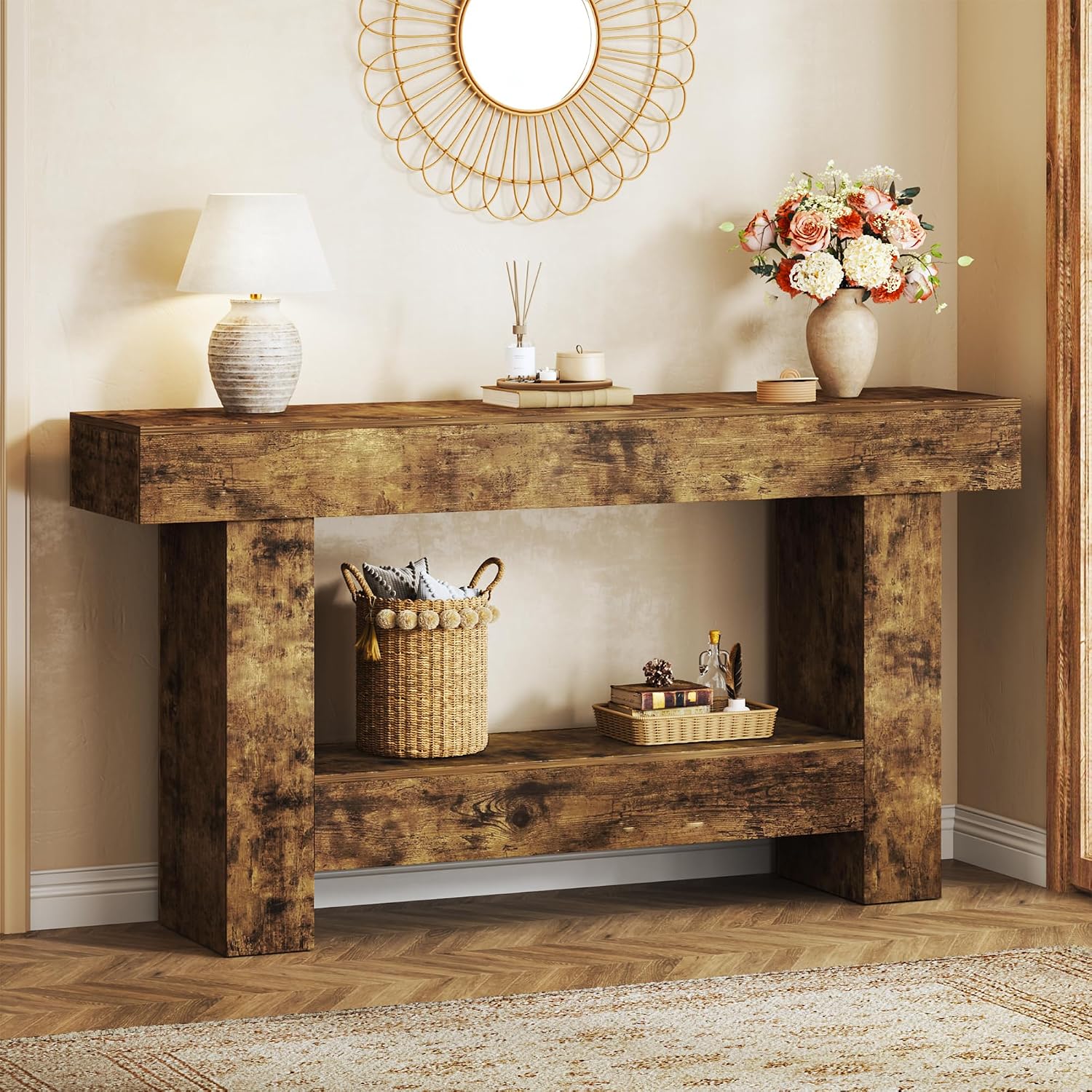 HUAHUU 63 Inches Long Console Table, Sofa Table with Storage Behind Couch, Entryway Table with Open Storage, Farmhouse Console Tables for Entryway, Living Room, Hallway, Oak Color