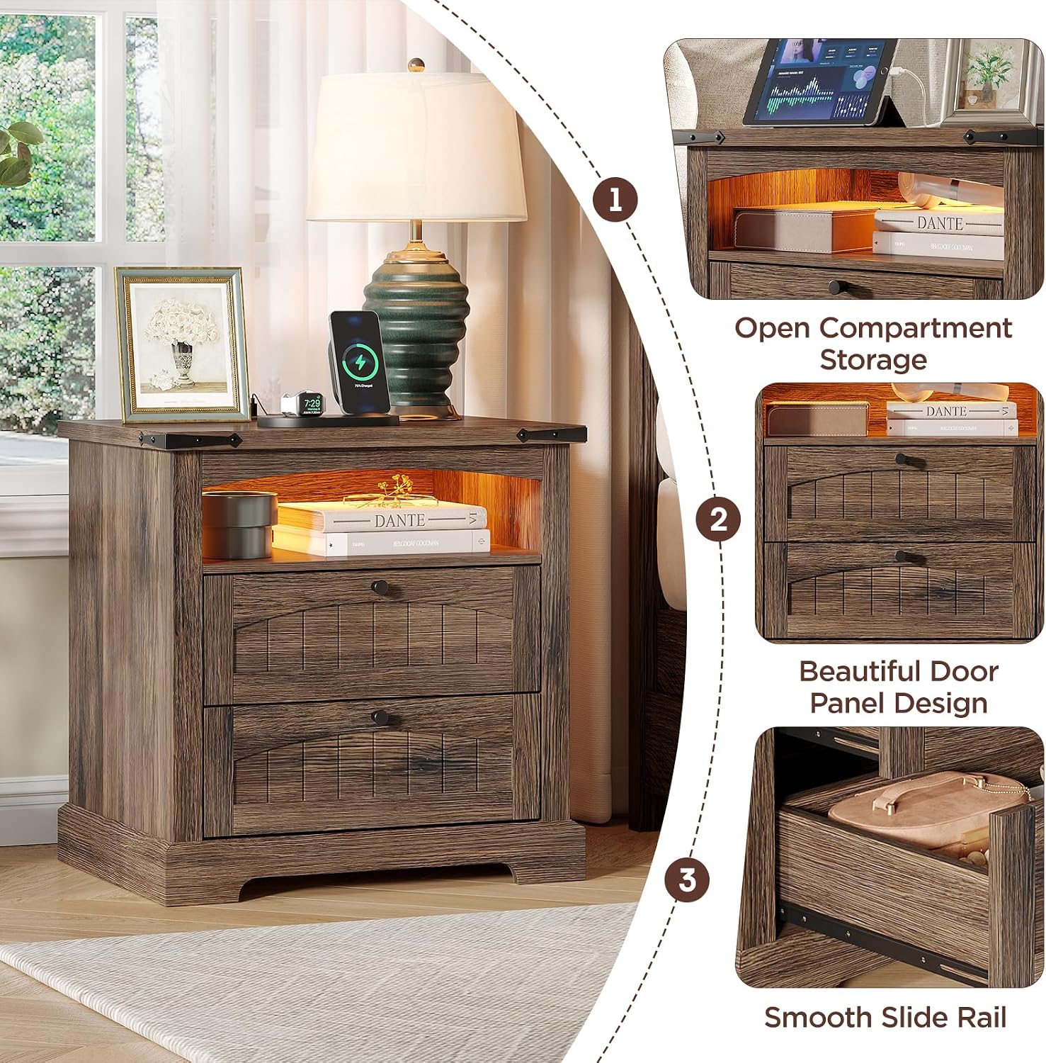 Vabches Nightstand with Charging Station, Vintage End Table with 2 Drawers, Wood Rustic Sofa Side Table with Open Storage Shelf for Bedroom, Living Room