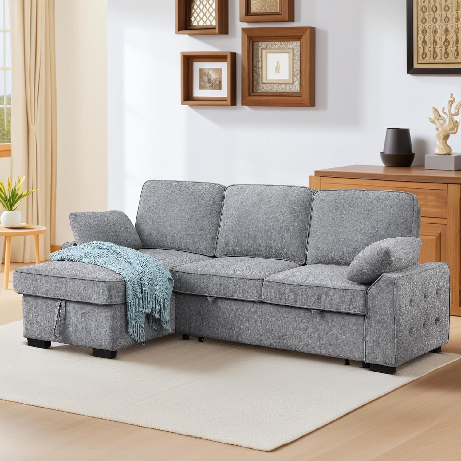 ERYE L-Shaped Pull Out Sleeper Couch Bed, Modern Chenille Upholstered Button Tufted Corner Couch Reversible Sectional Sleeper Sofa Bed W/Storage Chaise, Cup Holders