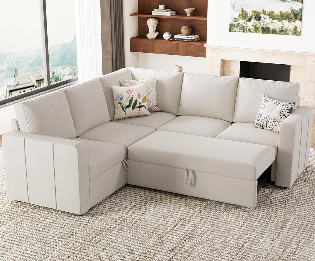 Belffin Modular Sectional Sleeper Sofa with Pull Out Couch, L Shaped Sleeper Pull Out Bed, Convertible Sectional Couches for Living Room, Beige
