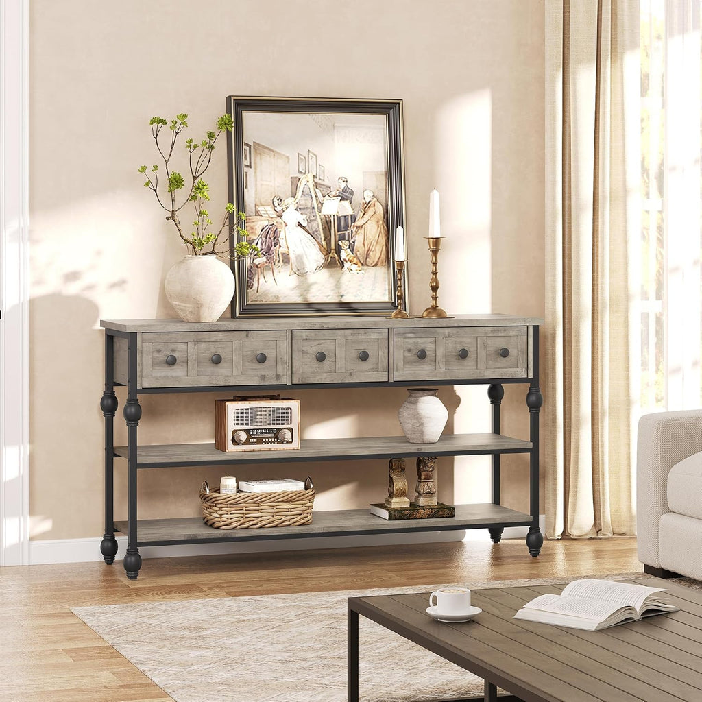 Garvee Console Sofa Table 53 in, Entryway Table with 3 Drawers, 3 Tier Metal Sofa Table, Open Shelf Behind Couch Table for Hallway, Living Room, Roman Column Design, Grey