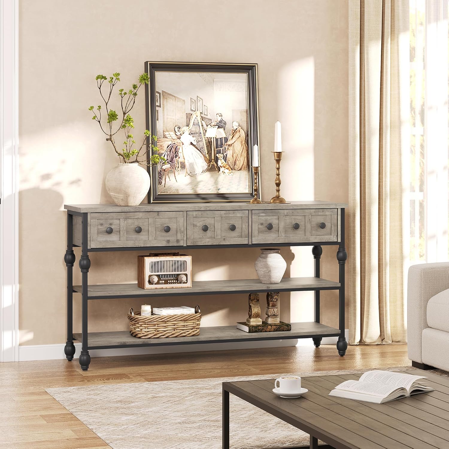 Garvee Console Sofa Table 53 in, Entryway Table with 3 Drawers, 3 Tier Metal Sofa Table, Open Shelf Behind Couch Table for Hallway, Living Room, Roman Column Design, Grey