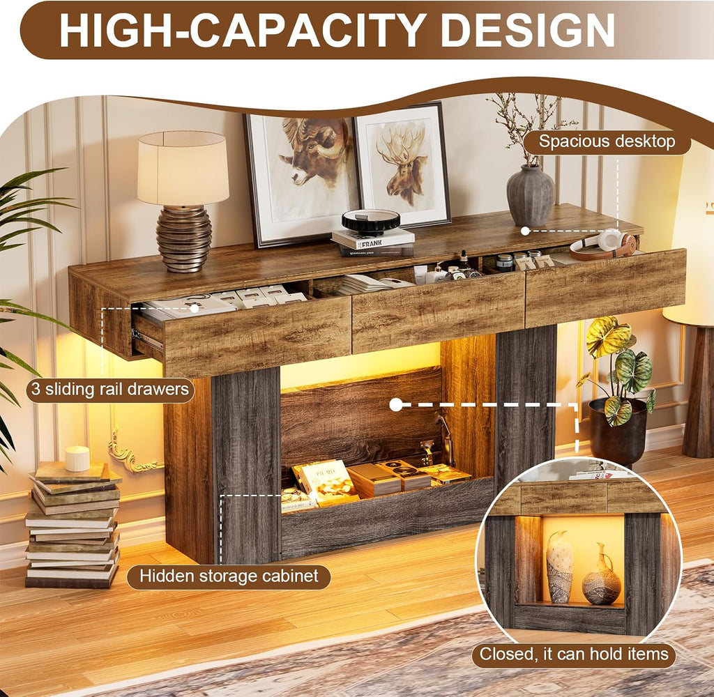 PAKASEPT 63 Inches Long Console Table with Hidden Safe, Colorful LED Lights and 3 Drawers, Farmhouse 2-Tier Entryway Table with Hidden Compartment for Gun Storage for Hallway, Living Room