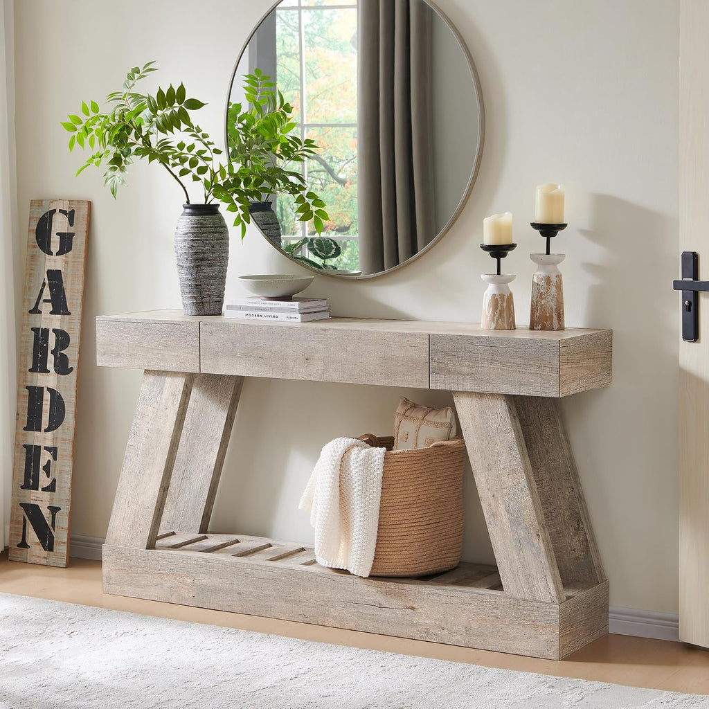 60' Farmhouse Entryway Table with Drawer, Wooden Hallway Foyer Table with Heavy Duty Base(Light Rustic Oak)