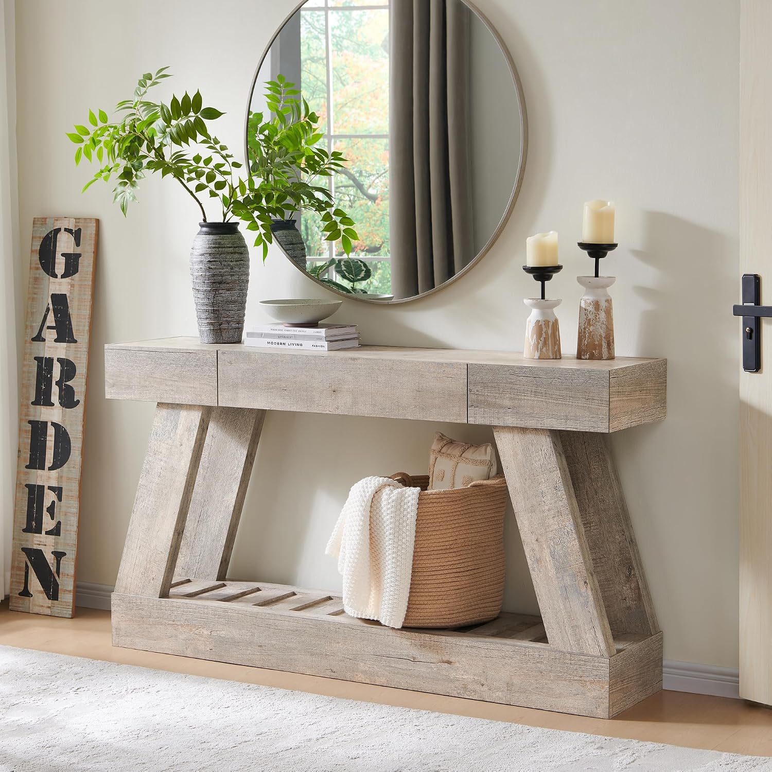 60' Farmhouse Entryway Table with Drawer, Wooden Hallway Foyer Table with Heavy Duty Base(Light Rustic Oak)