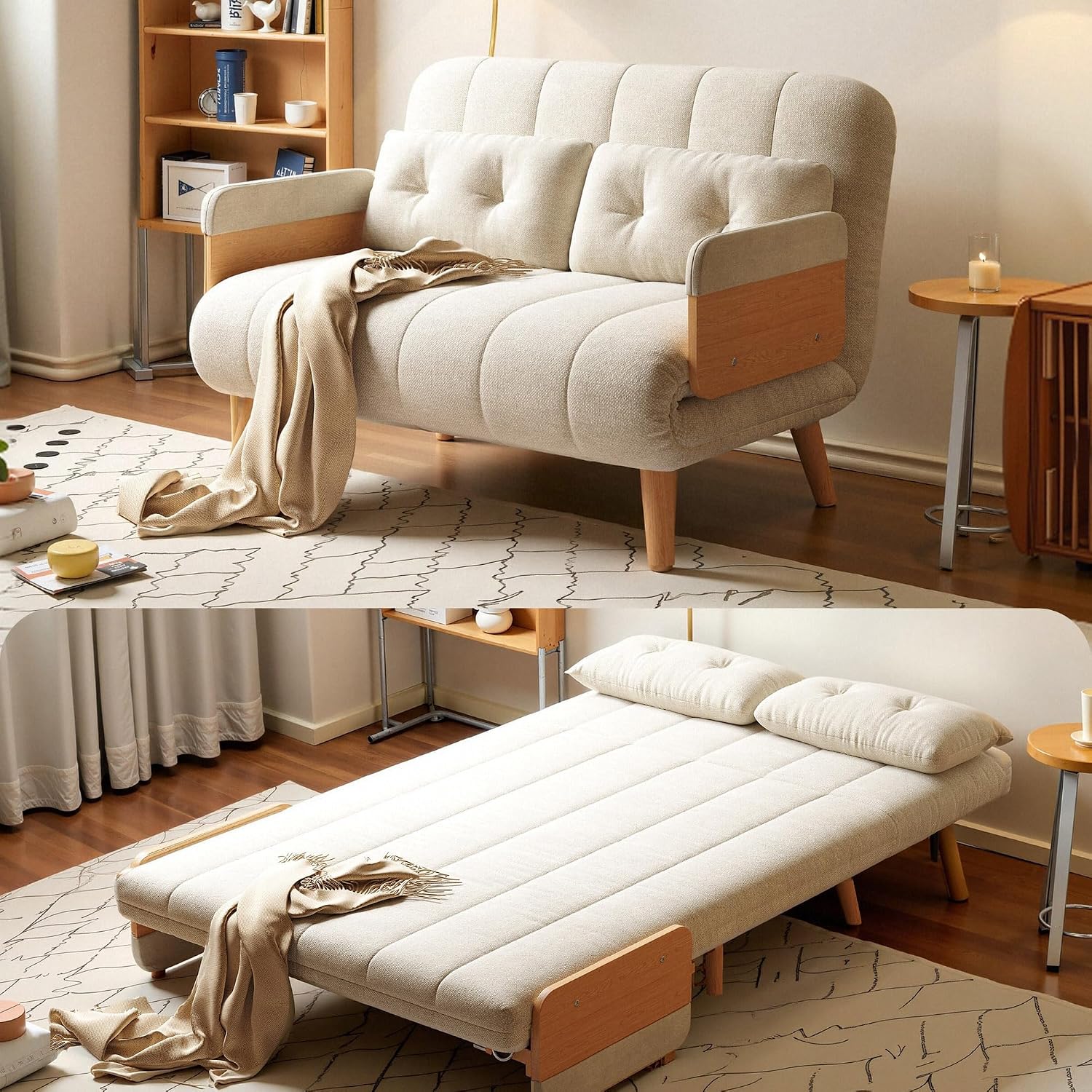 Convertible Lounger Fold-Out Sofa Bed, 3-in-1 Sleeper Sofa，Adjustable Backrest, Modern-Style Sofa for Small Spaces, Bedrooms & Offices(Beige,43.31)