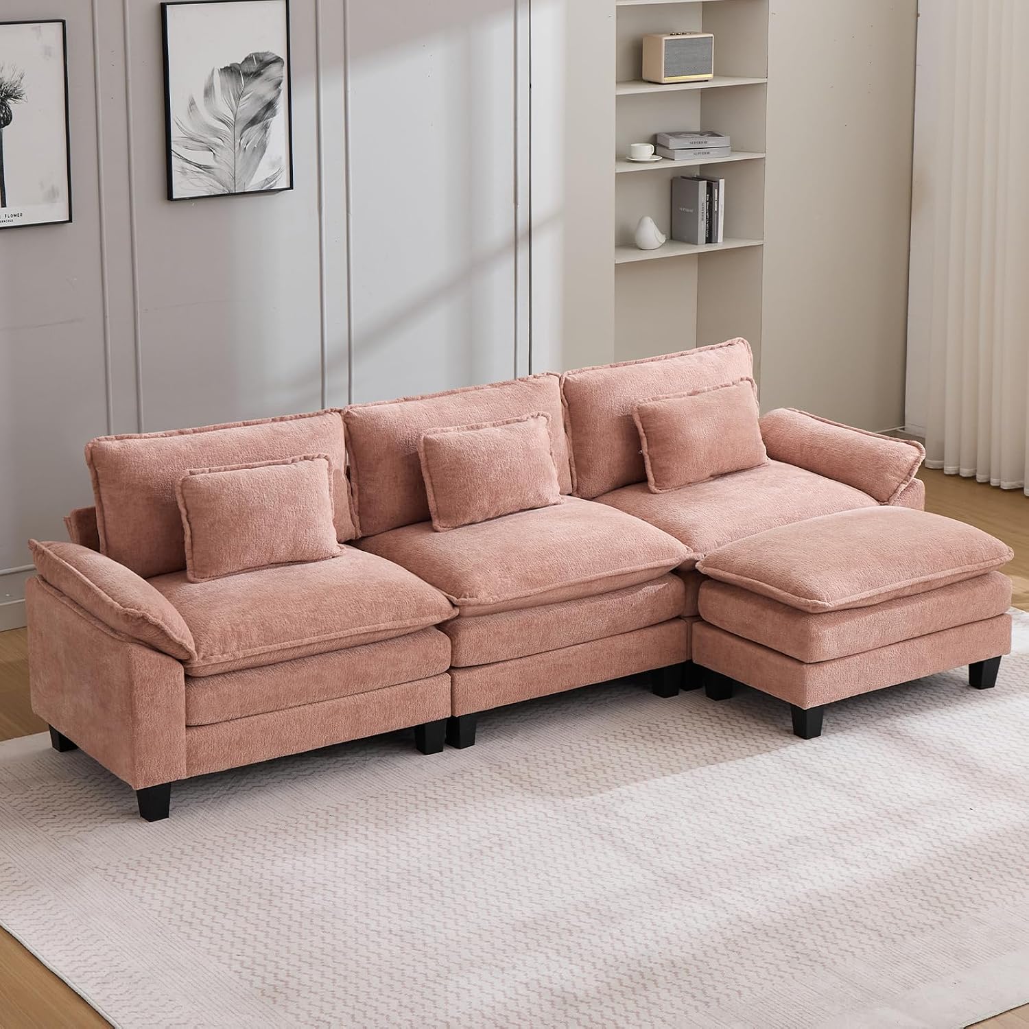 Oprisen 120' Modular Sectional Sofa, Comfy Cloud Couch Sectional Sofa with Ottoman, Chenille Sofa Sleeper Deep Seat Sofa with Throw Pillows for Living Room (Pink, 120'- L Shape)