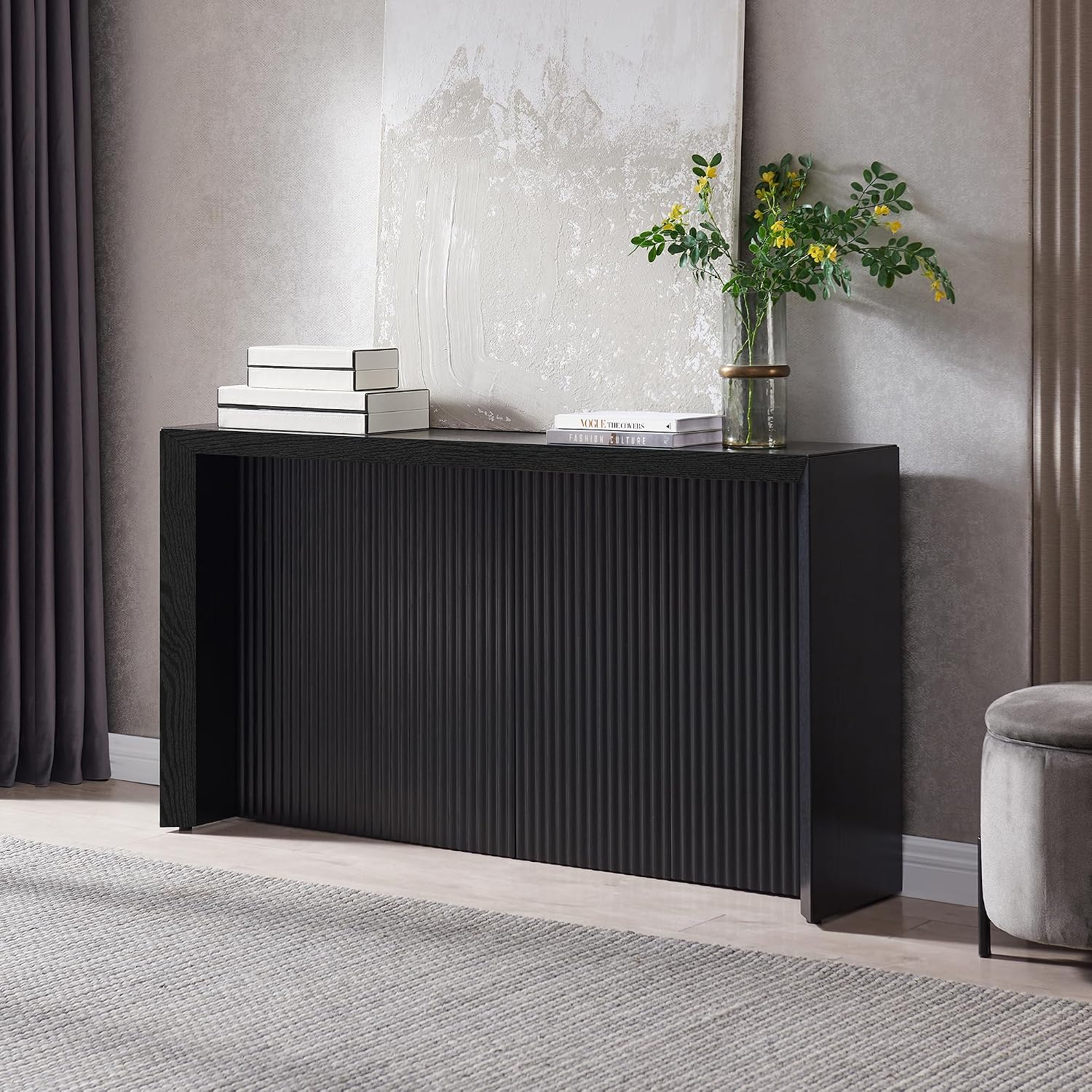 Henn&Hart 56' Fluted Wooden Rectangular Console Table Ribbed Entryway Table, Sofa Table for Entryway, Living Room, Couch, Hallway, or Office, Natural Black