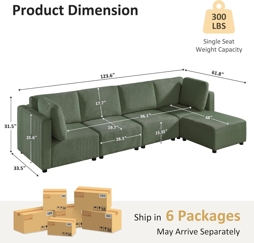 123.6' L Shaped Modular Sectional Sofa with Ottomans, Corduroy Sectional Sofa with Chaise, 5 Seater Convertible Modular Sofa Free Combination Couch for Living Room Apartments