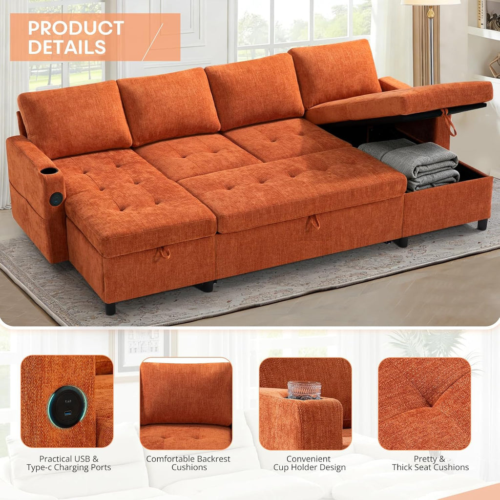 110' Chenille Pull-Out Couch Bed w/Adjustable Backrests, Sectional Sleeper Sofa w/USB Ports & 2 Cup Holders, Upholstered U-Shaped Couch w/Storage Chaise for Living Room, House, Orange