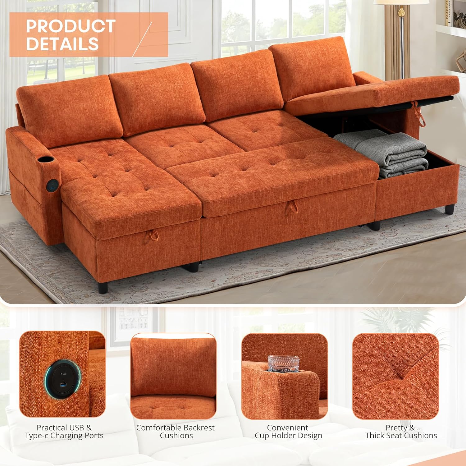 110' Chenille Pull-Out Couch Bed w/Adjustable Backrests, Sectional Sleeper Sofa w/USB Ports & 2 Cup Holders, Upholstered U-Shaped Couch w/Storage Chaise for Living Room, House, Orange