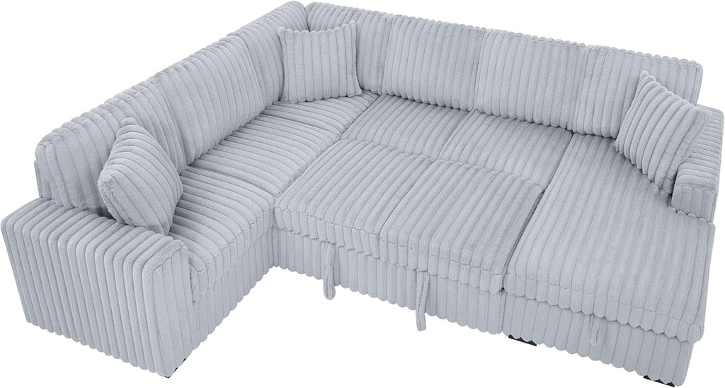 DEINPPA 122 Inch Sleeper Sofa Couch with Pullout Bed, Chunky Furry Corduroy Sectional Sofa with Storage Chaise and Charging Ports, Large Sectional Couches for Living Room-Grey