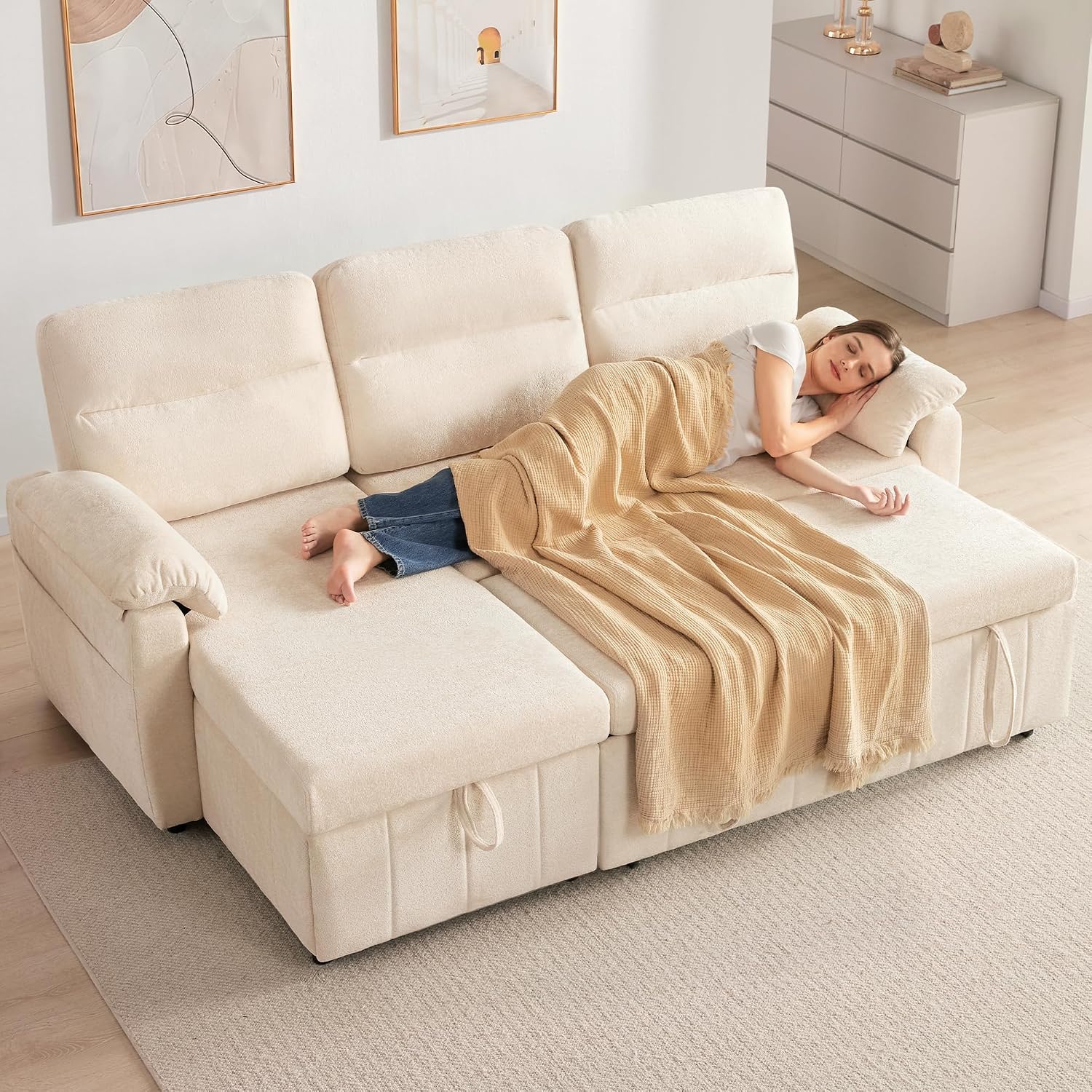 Tbfit 84'' Pull Out Sofa, 3 in 1 Sleeper Sofa Couch with USB & Storage Chaise, Cloud Sofa Bed with Pull Out Bed, Chenille Convertible Sleeper Sofas for Living Room, Small Spaces, Beige