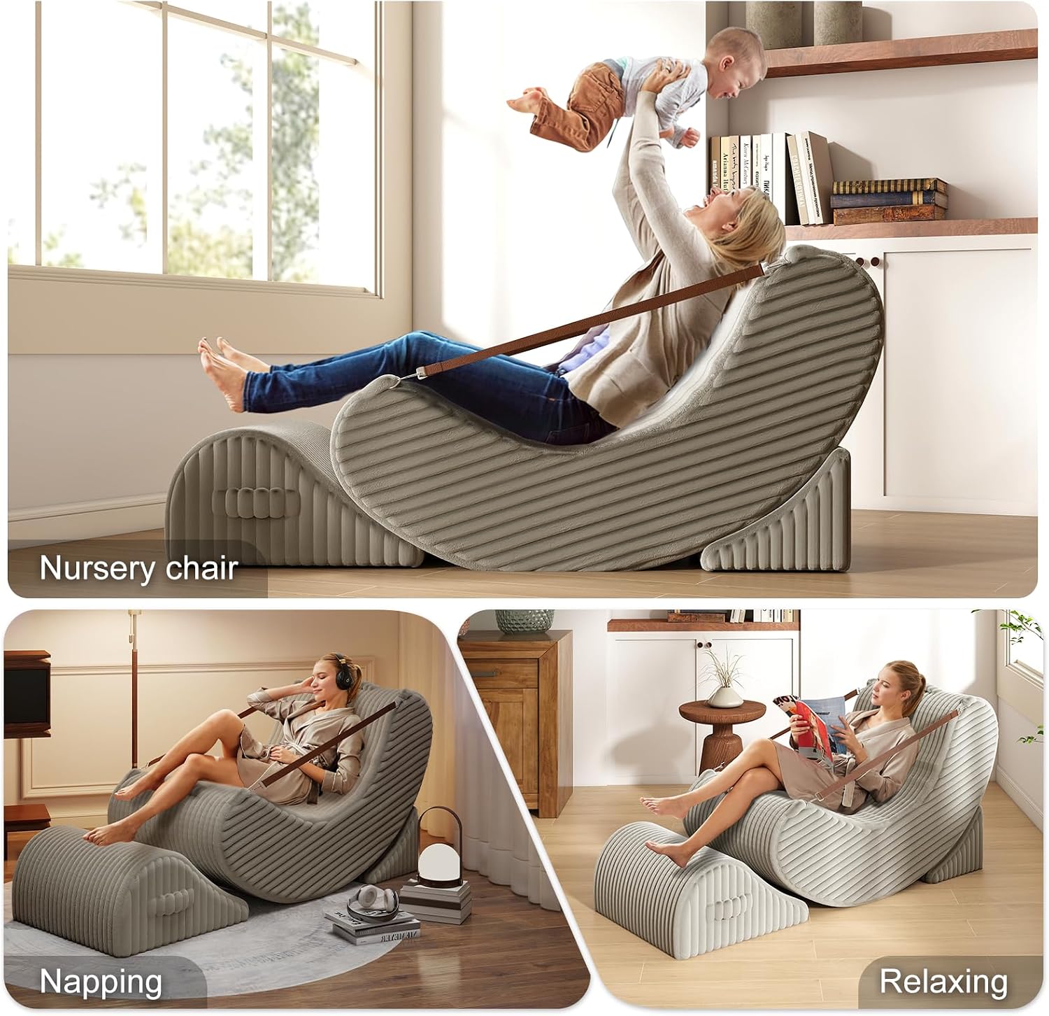 3-in-1 Adjustable Zero Gravity Floor Chair, Oversized Corduroy Boneless Chair for Adults with Memory Foam & Washable Cover, Silent Rocker Recliner Lounge Chair for Reading, Nursing, Gaming, Khaki