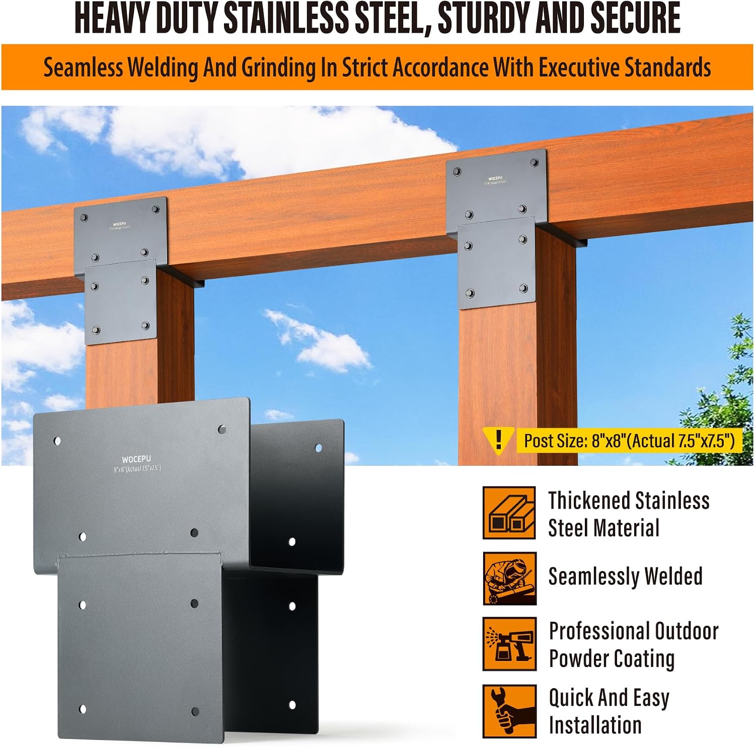 3 Pack Heavy Duty 8x8 (Actual 7.5'x7.5') Stainless Steel Post Caps Tie Bracket , Fit Connecting Wood Gazebo, Deck Patio Post and Wood Beams Bracket ( Dark Ggray)