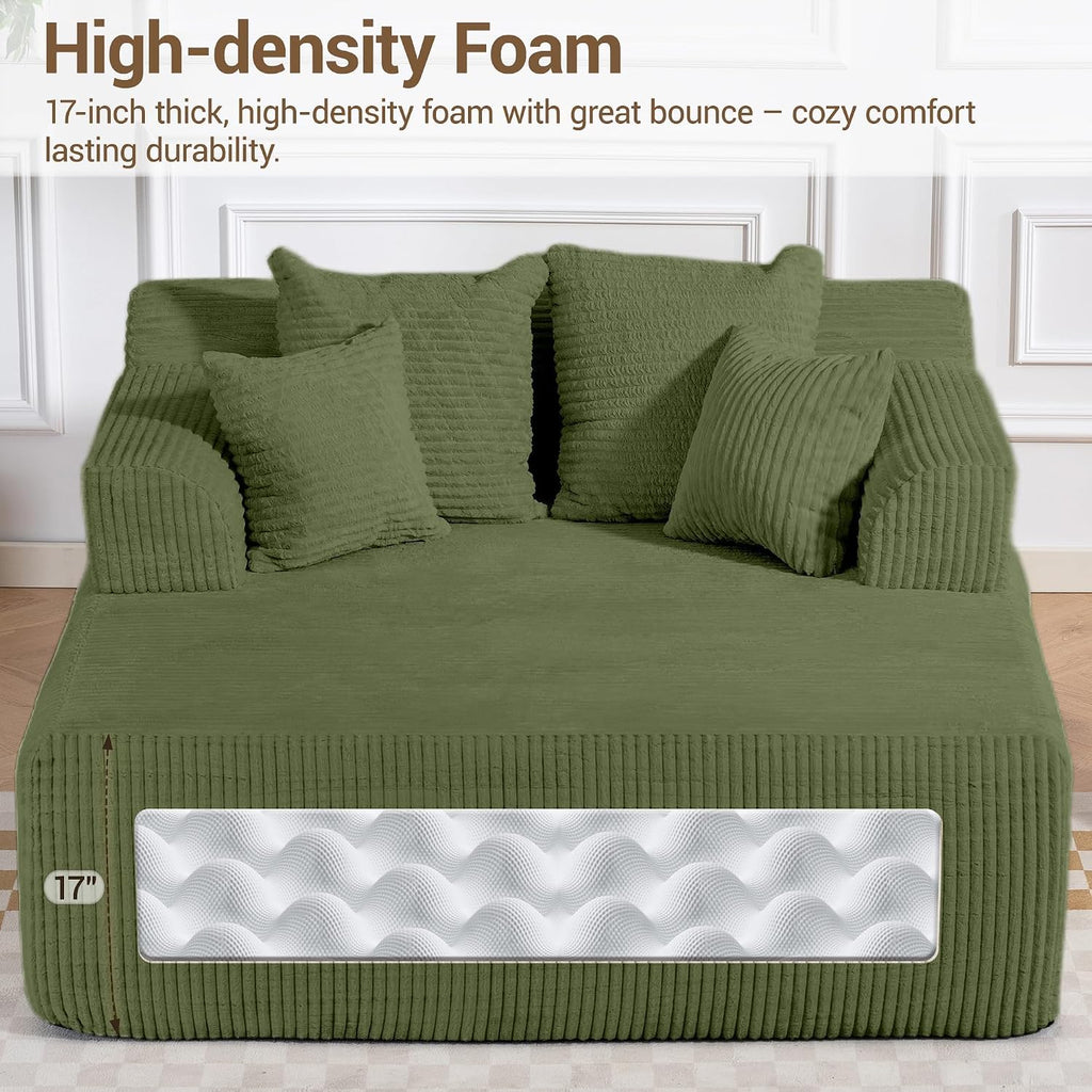58' Chaise Lounge Chair Indoor, Green - Oversized Corduroy Boneless Sleeper Sofa Bed with Armrests and 4 Pillows, No Assembly for Living Room