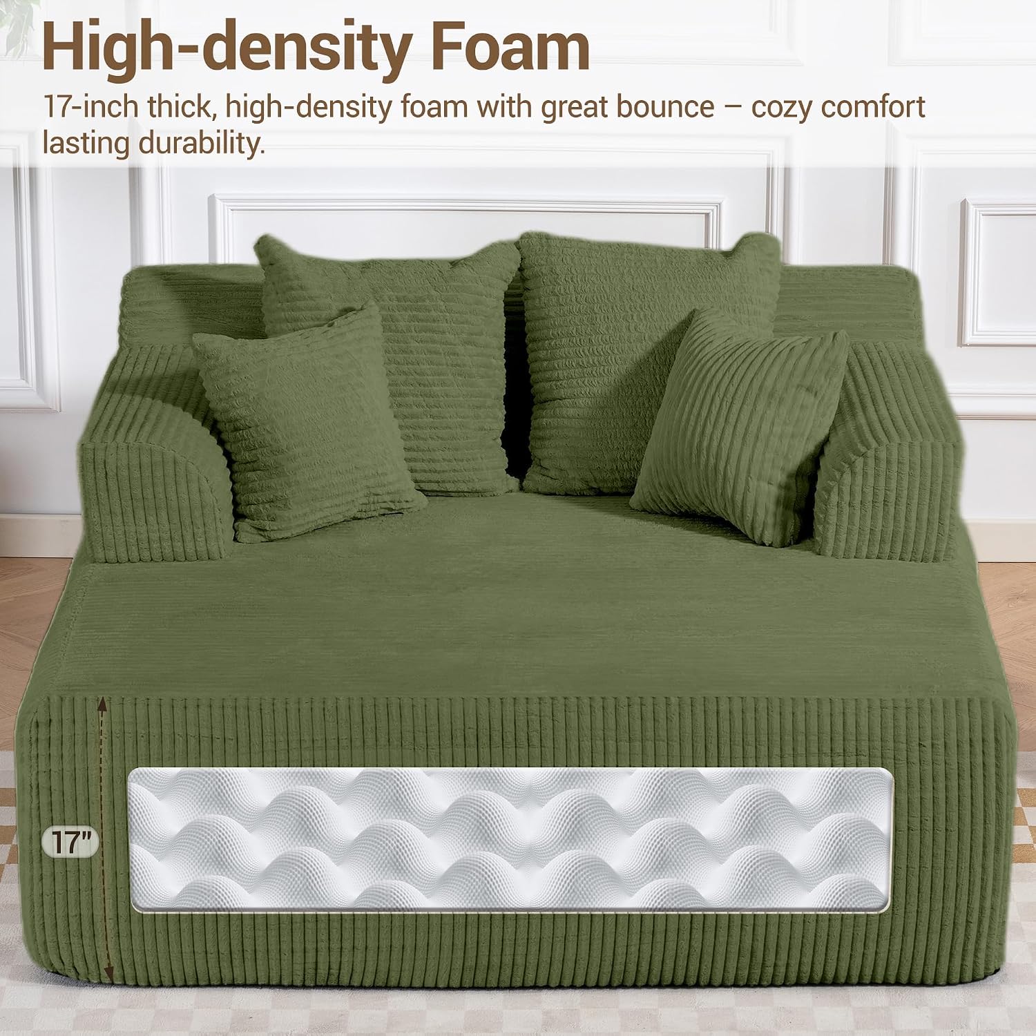 58' Chaise Lounge Chair Indoor, Green - Oversized Corduroy Boneless Sleeper Sofa Bed with Armrests and 4 Pillows, No Assembly for Living Room