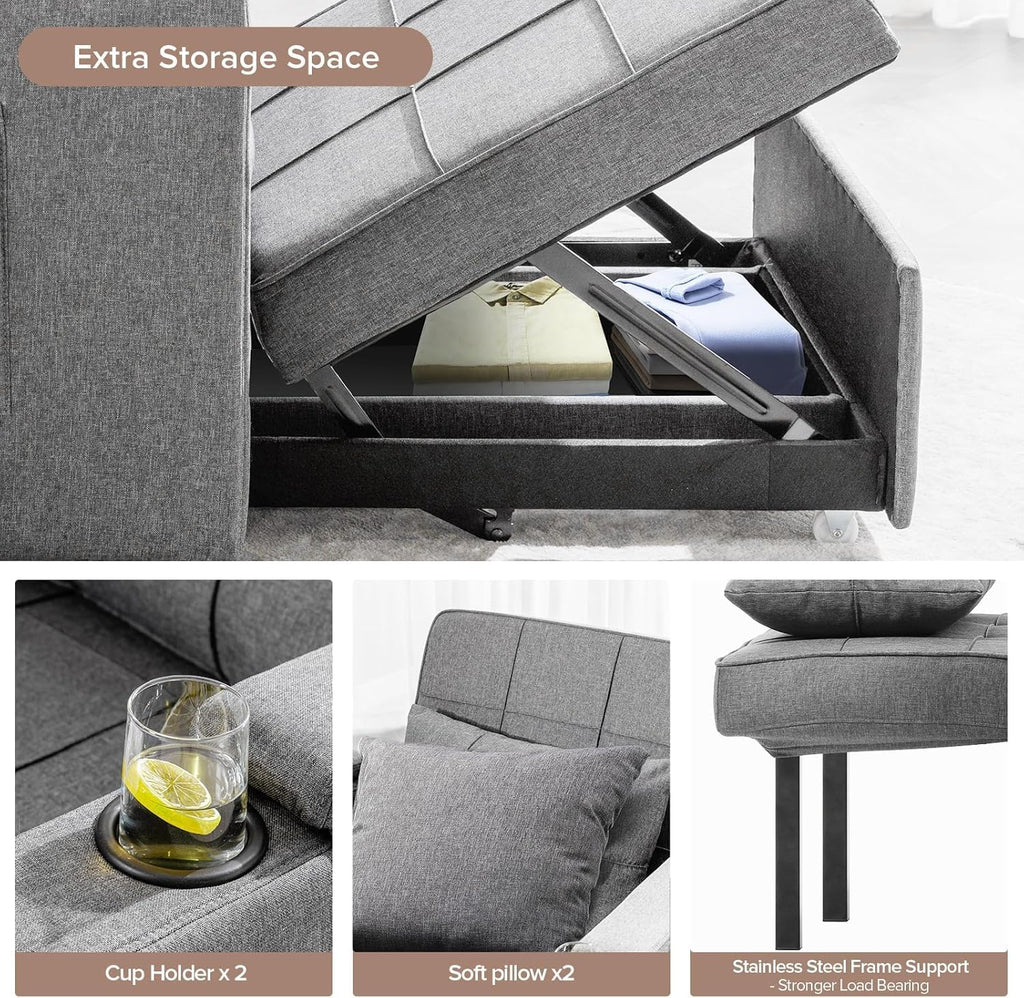 COMHOMA Sleeper Chair Bed,Convertible Sofa Bed Armchair with Cup Holders,3-in-1 Futon Bed Chair with Side Pocket Pull Out Sofa Bed Couch for Living Room,Bedroom (Grey)