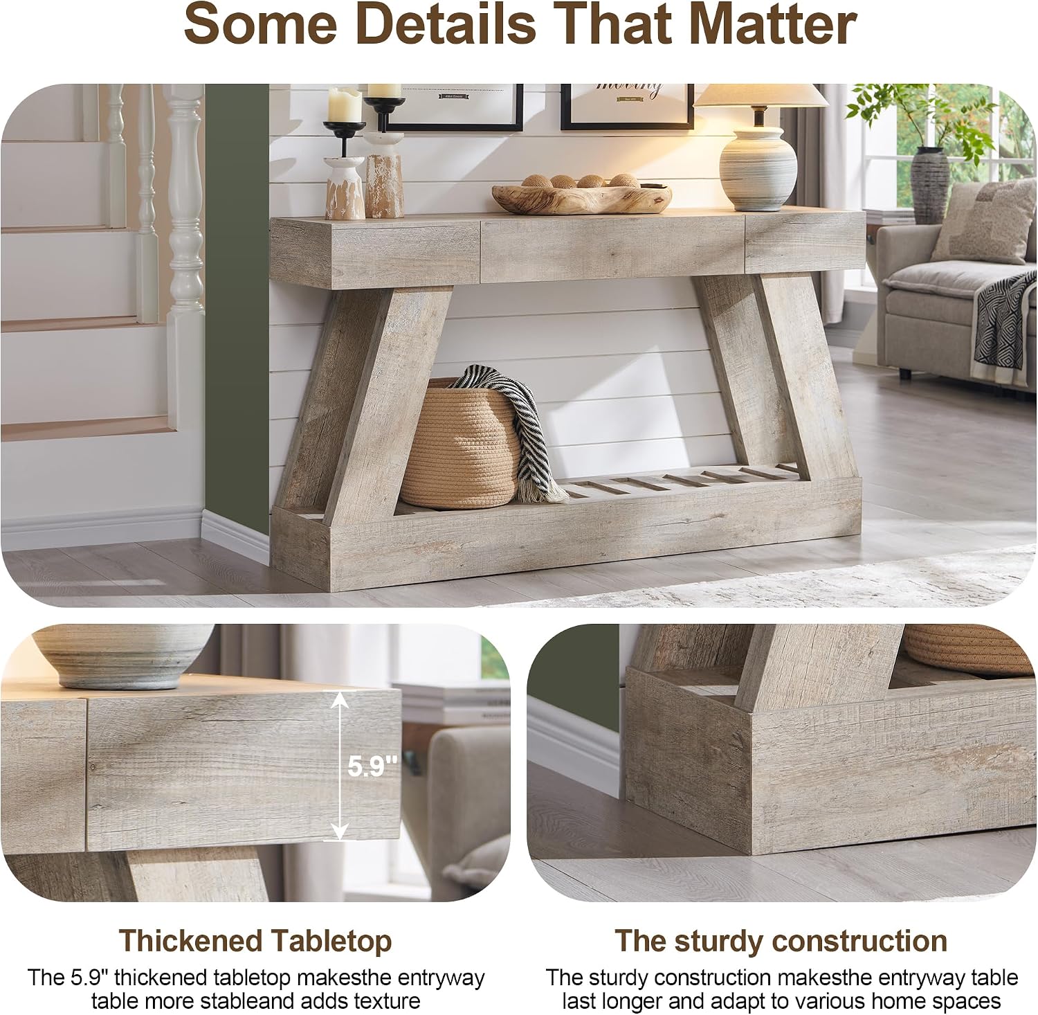 60' Farmhouse Entryway Table with Drawer, Wooden Hallway Foyer Table with Heavy Duty Base(Light Rustic Oak)