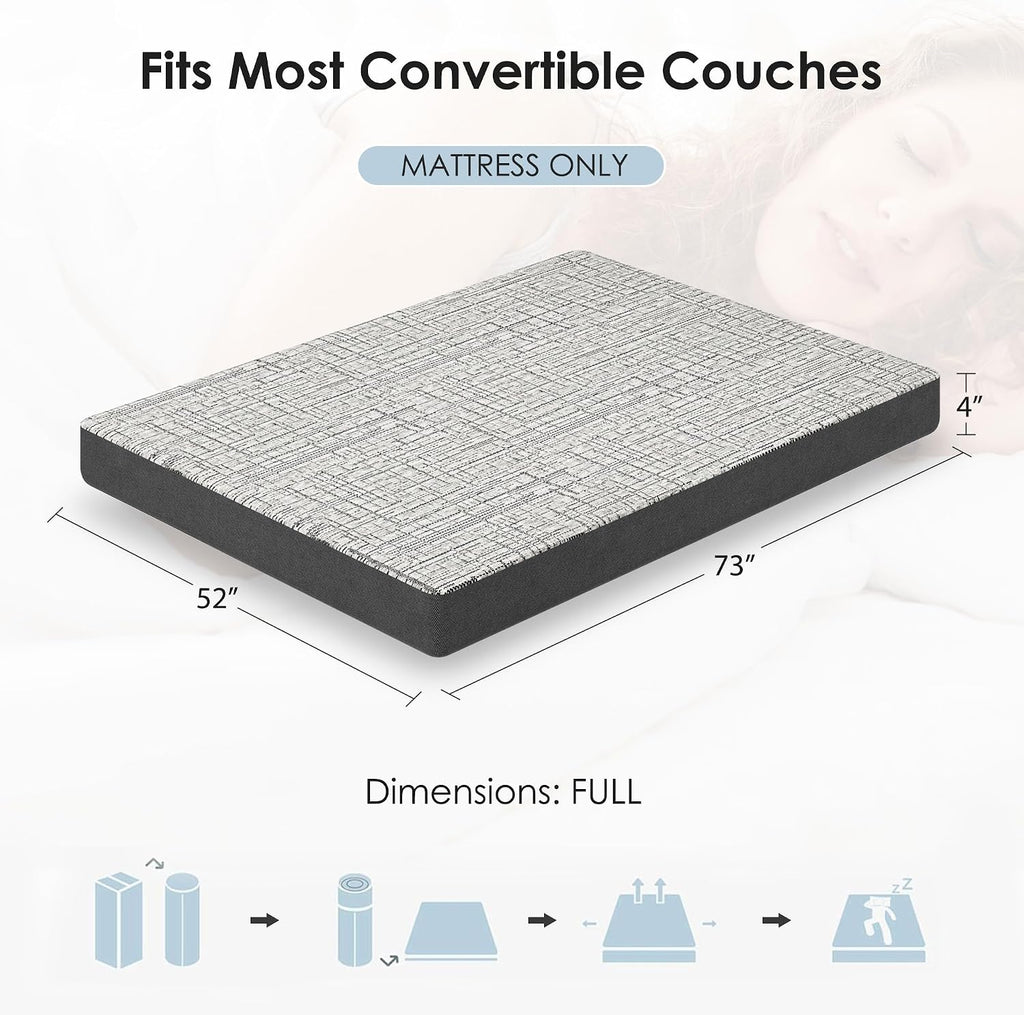 Full Size Sofa Bed Mattress 4 Inch, Memory Foam Mattress for Sleeper Sofas/Pull Out Couchs/Daybeds/RVs/Boats & Guest Rooms, Fiberglass-Free & CertiPUR-US Certified Bed Replacement