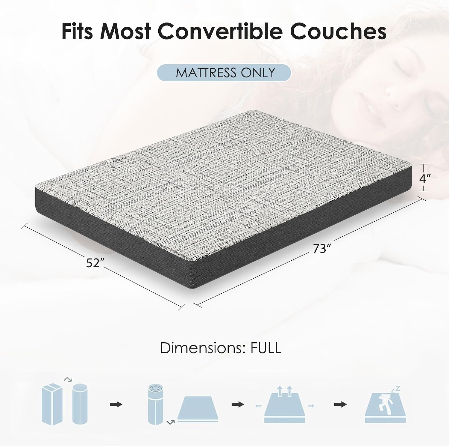 Full Size Sofa Bed Mattress 4 Inch, Memory Foam Mattress for Sleeper Sofas/Pull Out Couchs/Daybeds/RVs/Boats & Guest Rooms, Fiberglass-Free & CertiPUR-US Certified Bed Replacement