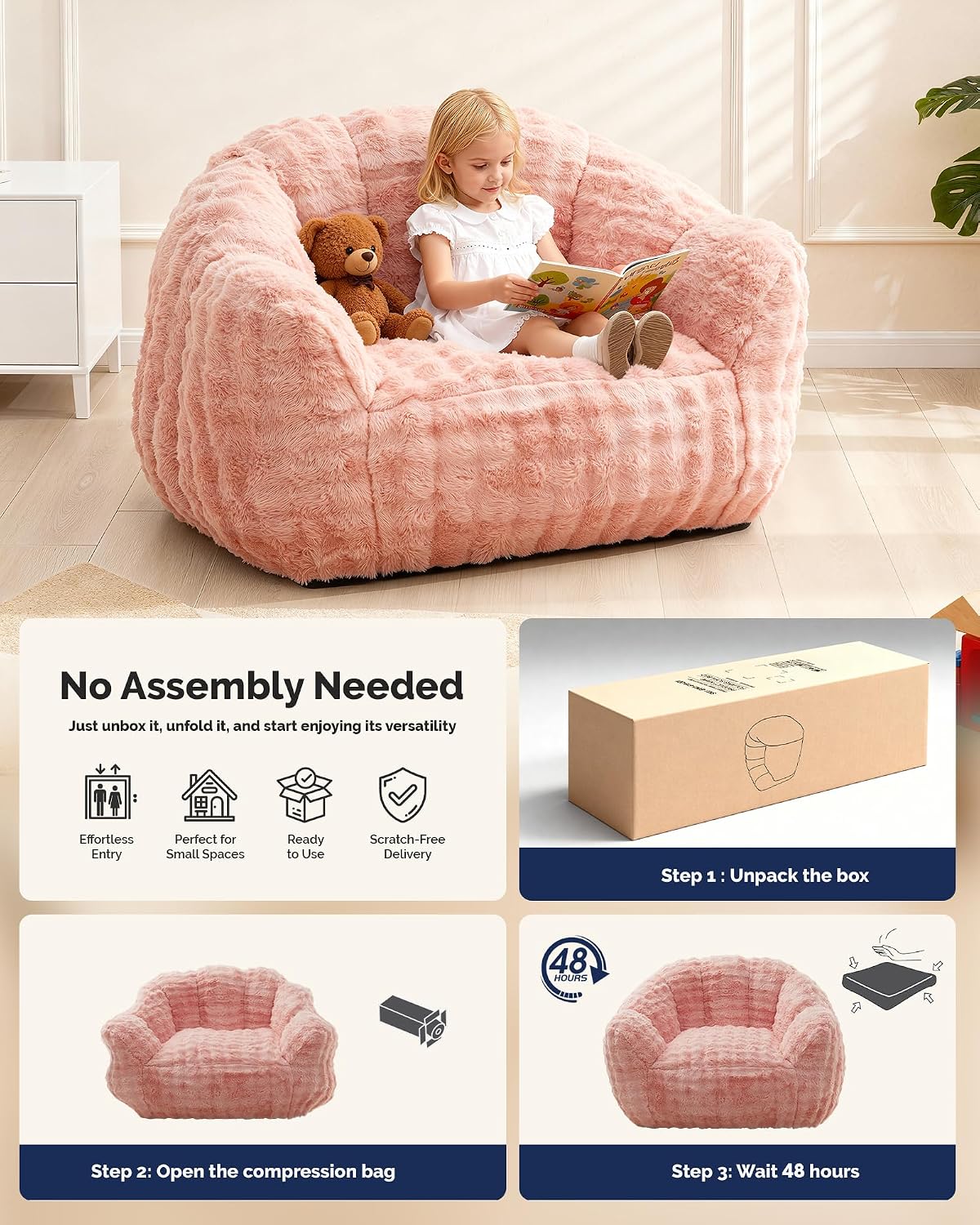 KINGYES Bean Bag Chair, Giant Bean Bag Couch with Memory Foam Filled, Gaming Beanbag Chair for Adults, Bean Bag for Kids & Teen, Pink