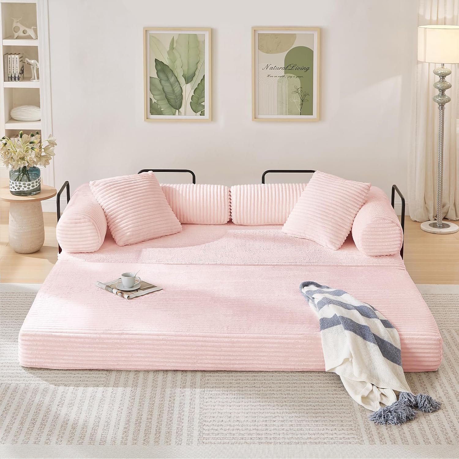 Modular Couch Bed, Convertible Folding Plush Corduroy Comfy Floor Memory Foam Compression Loveseat Sleeper Sofa Couch, King Size Bed for Guest Room Living Room Bedroom, No Assembly Required, Pink