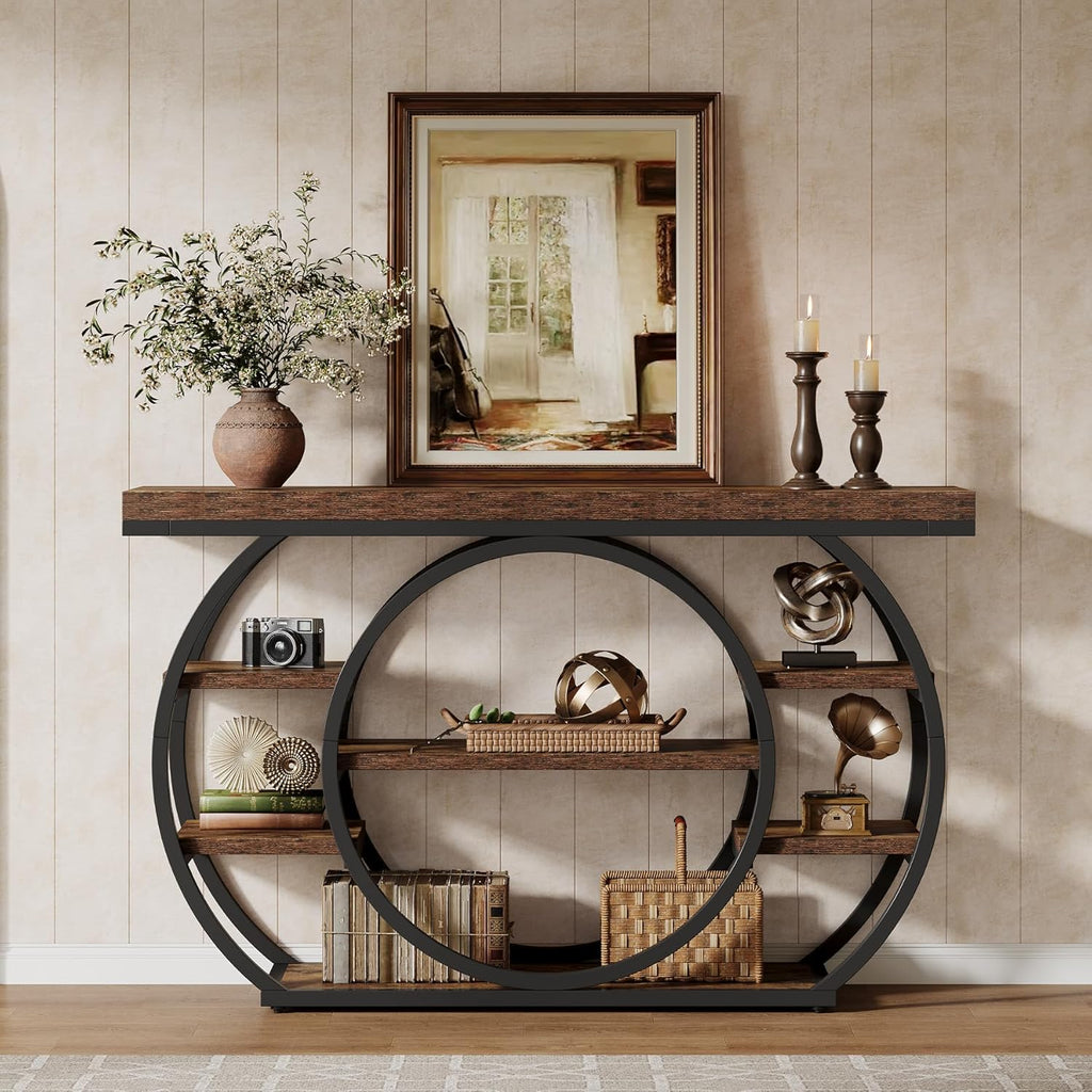 Tribesigns 47' Console Table for Living Room, 5-Tier Industrial Entryway Table with Metal Frame, Narrow Sofa Table Behind Couch Accent Tables for Entryway, Hallway, Foyer, Rustic Brown