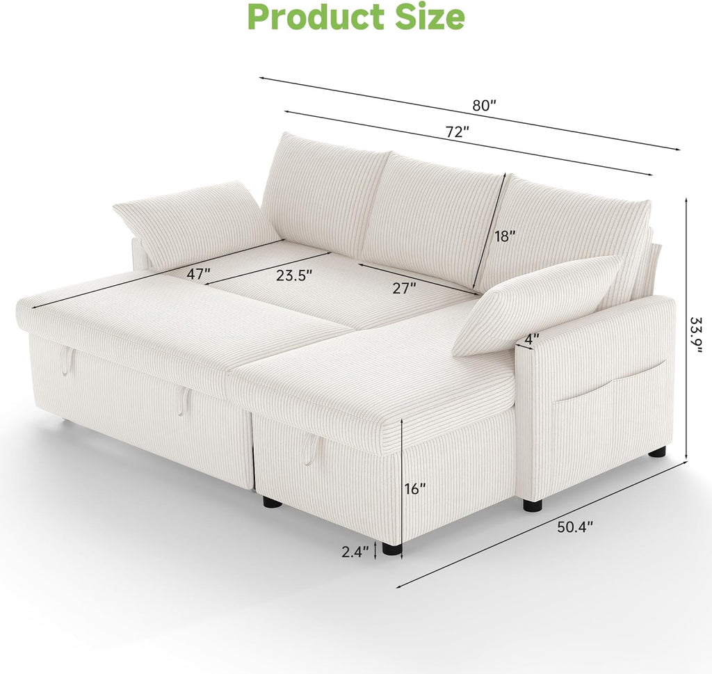Real Relax 80'' Sofa Bed, L Shaped Corduroy Sleeper Sofa Couch with Pull Out Bed and Chaise Storage for Living Room, Apartment and Office, Beige